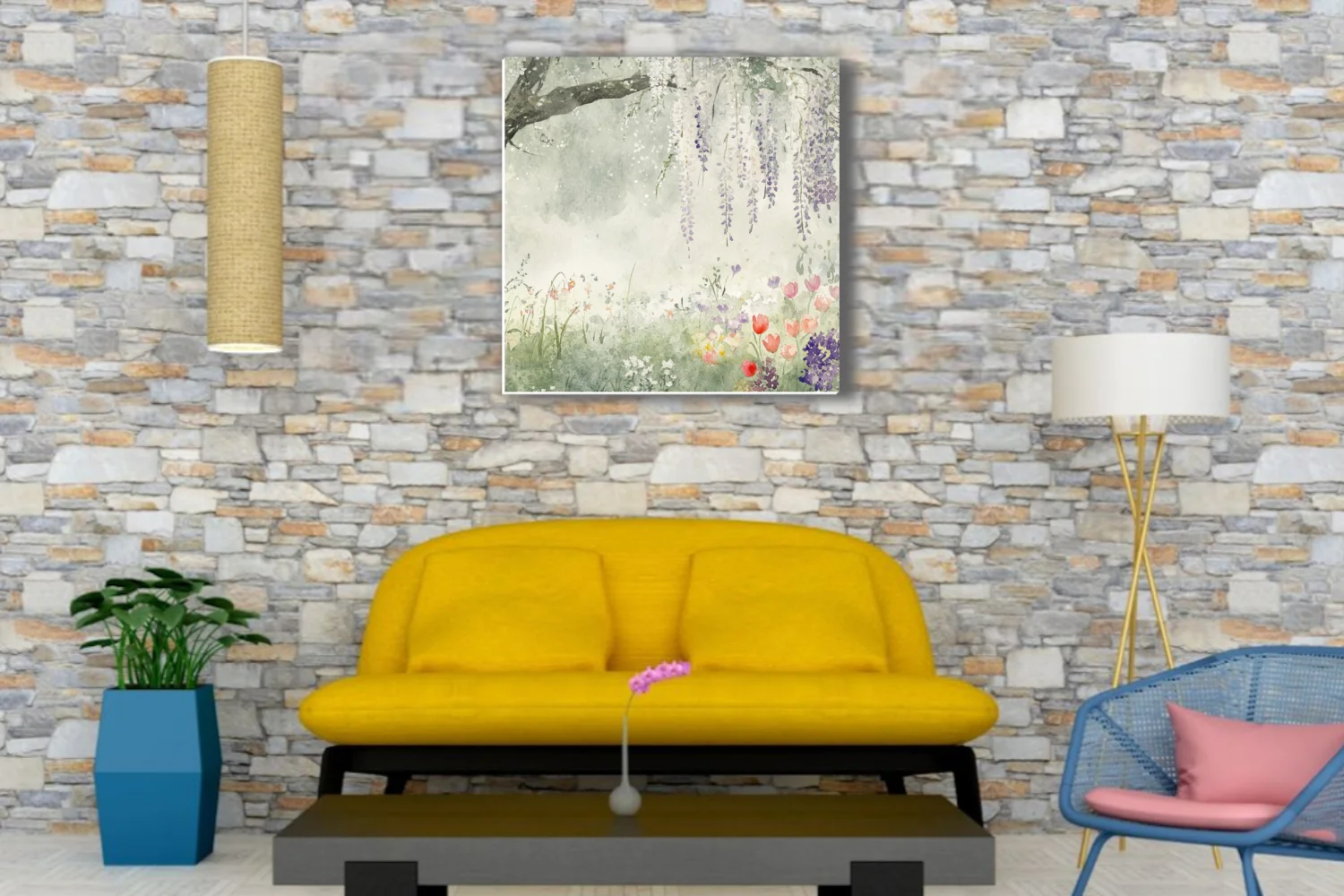 Watercolor-style spring garden with cascading wisteria and wildflowers in soft lavender and green