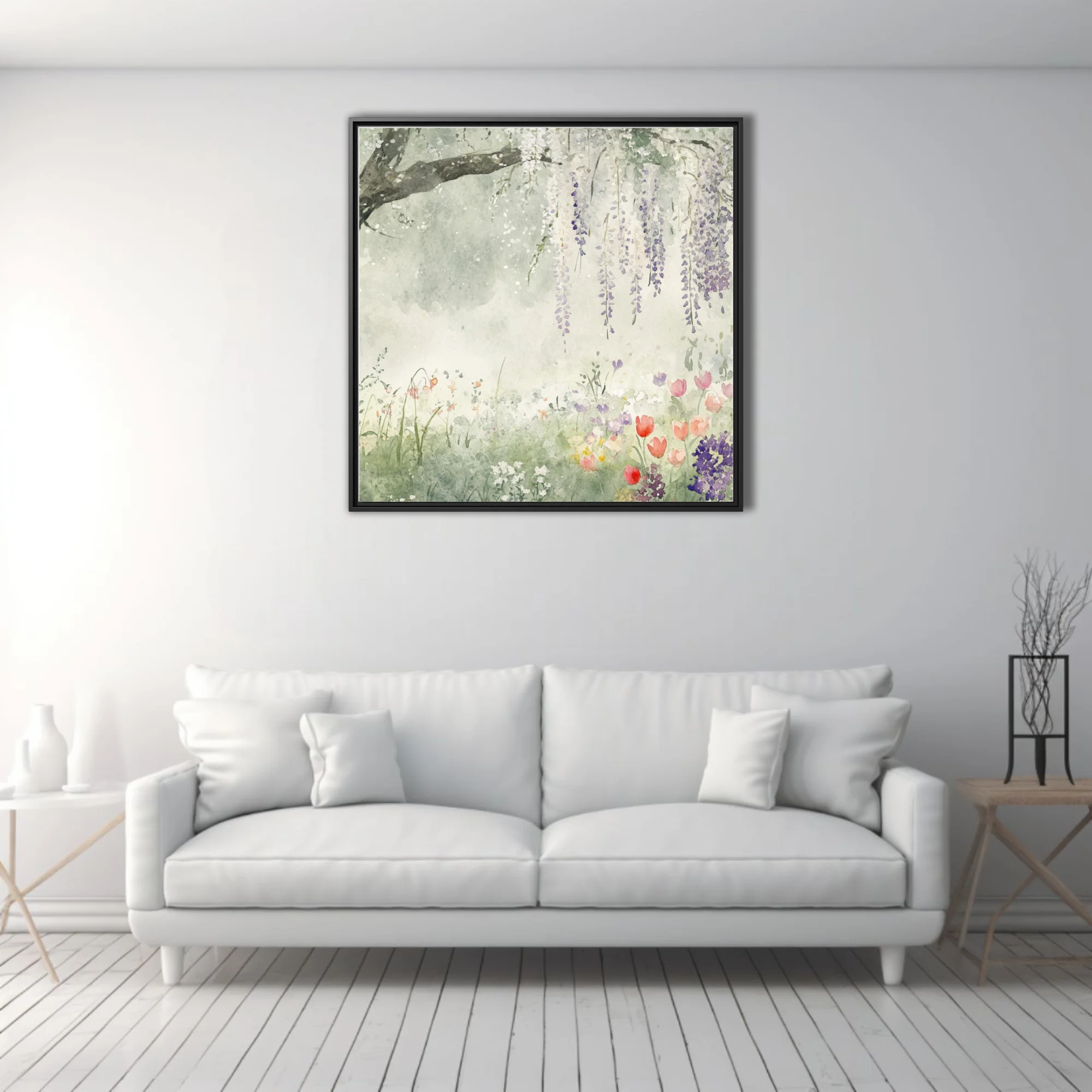 Watercolor-style spring garden with cascading wisteria and wildflowers in soft lavender and green