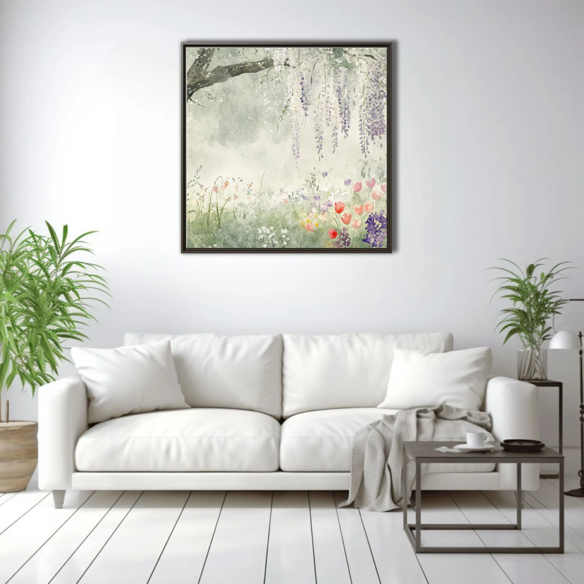 Watercolor-style spring garden with cascading wisteria and wildflowers in soft lavender and green
