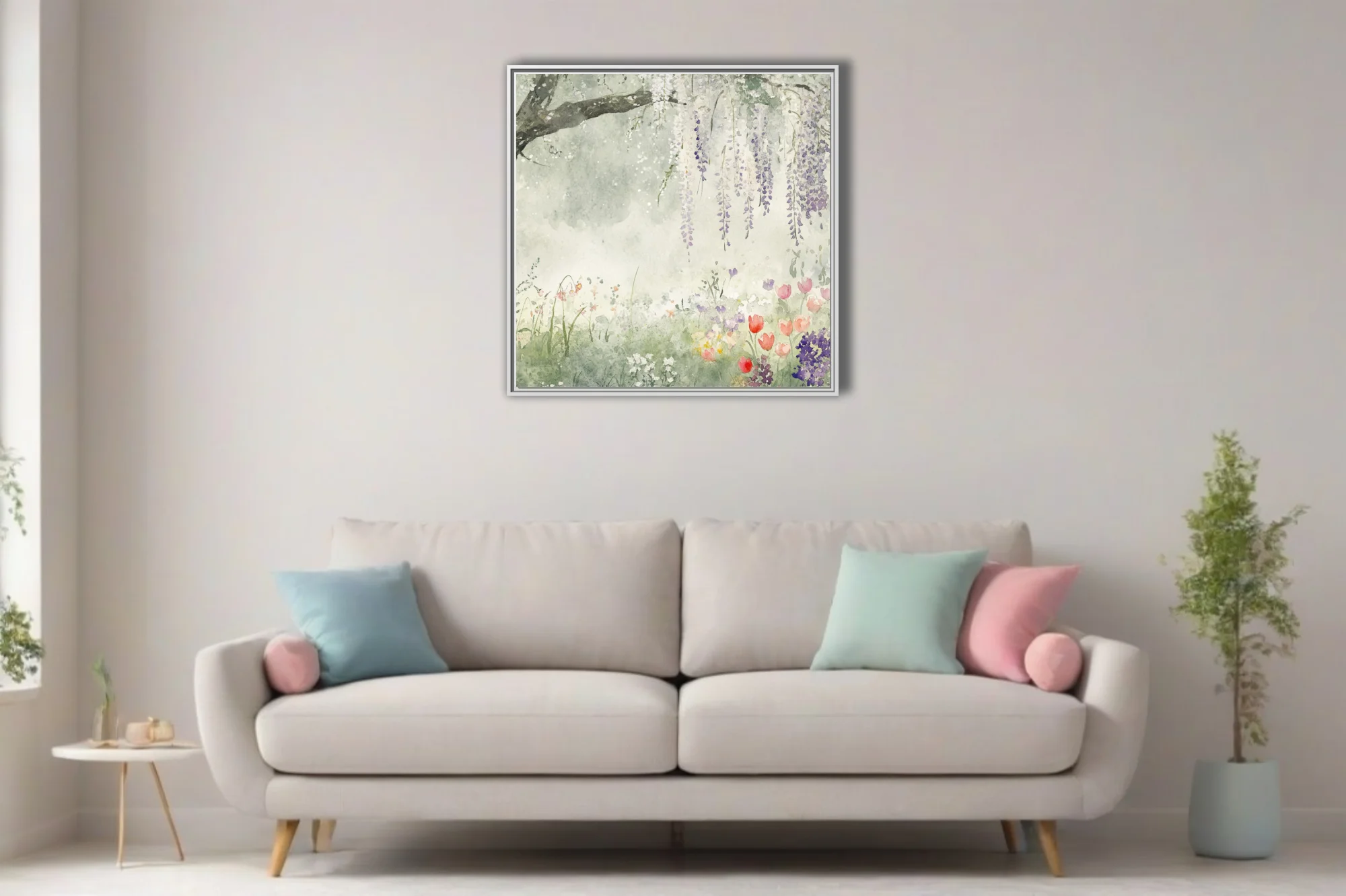 Watercolor-style spring garden with cascading wisteria and wildflowers in soft lavender and green