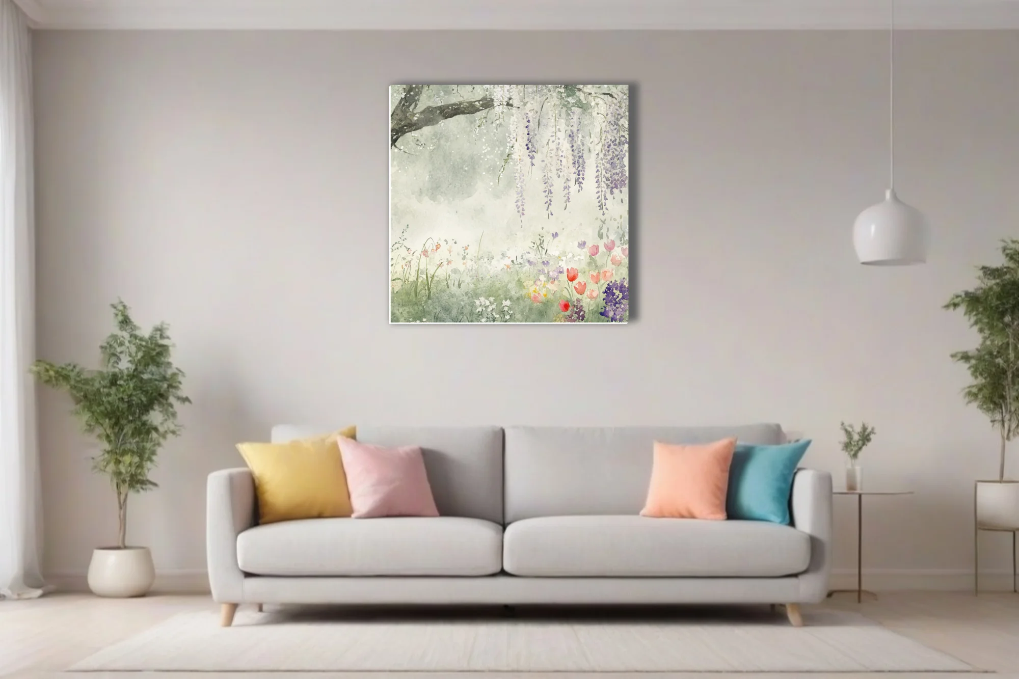 Watercolor-style spring garden with cascading wisteria and wildflowers in soft lavender and green