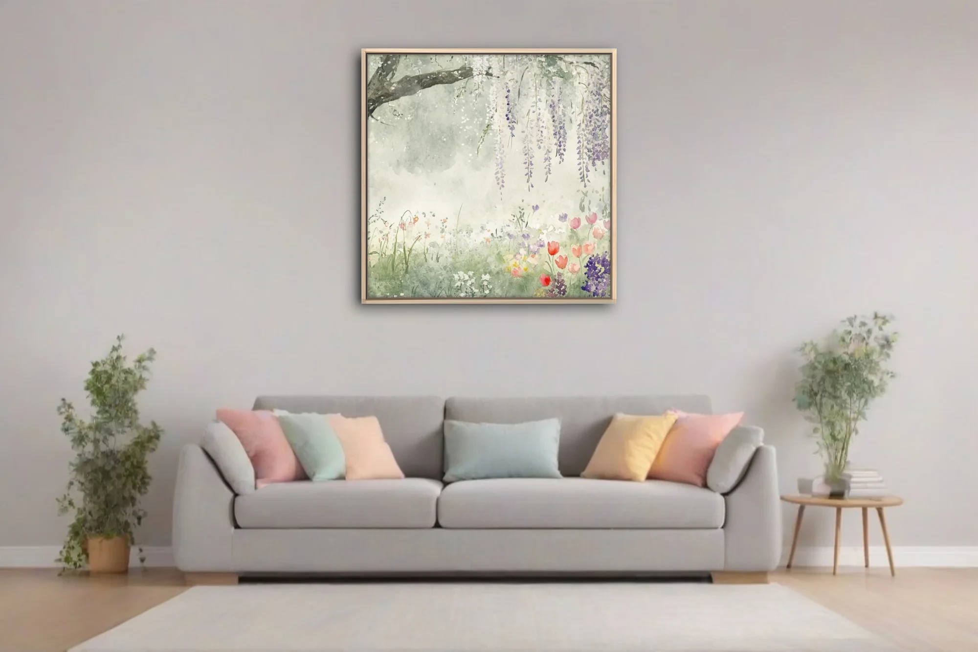 Watercolor-style spring garden with cascading wisteria and wildflowers in soft lavender and green