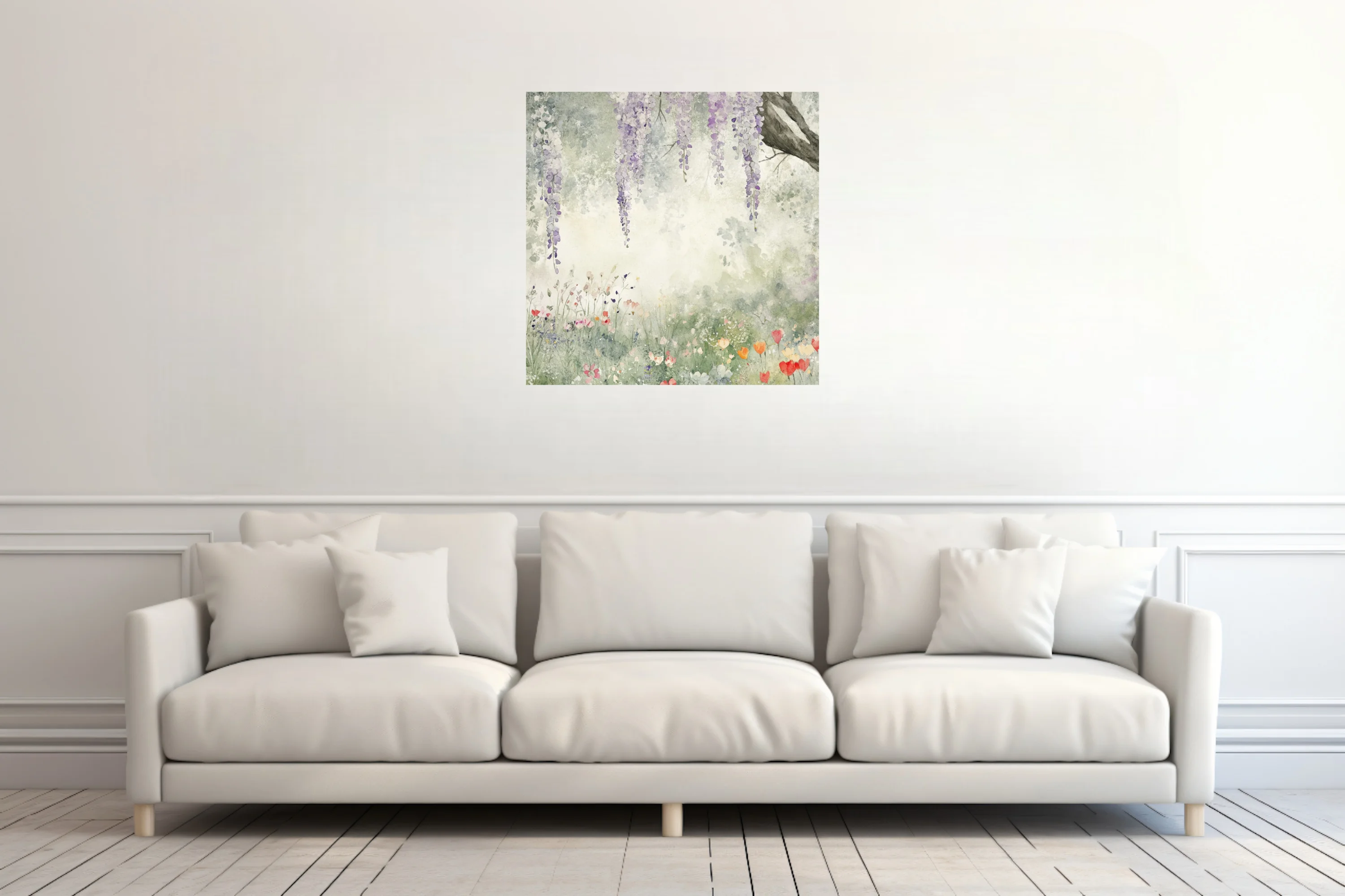 Watercolor-style wisteria and wildflower meadow in lavender, sage, and coral pastels