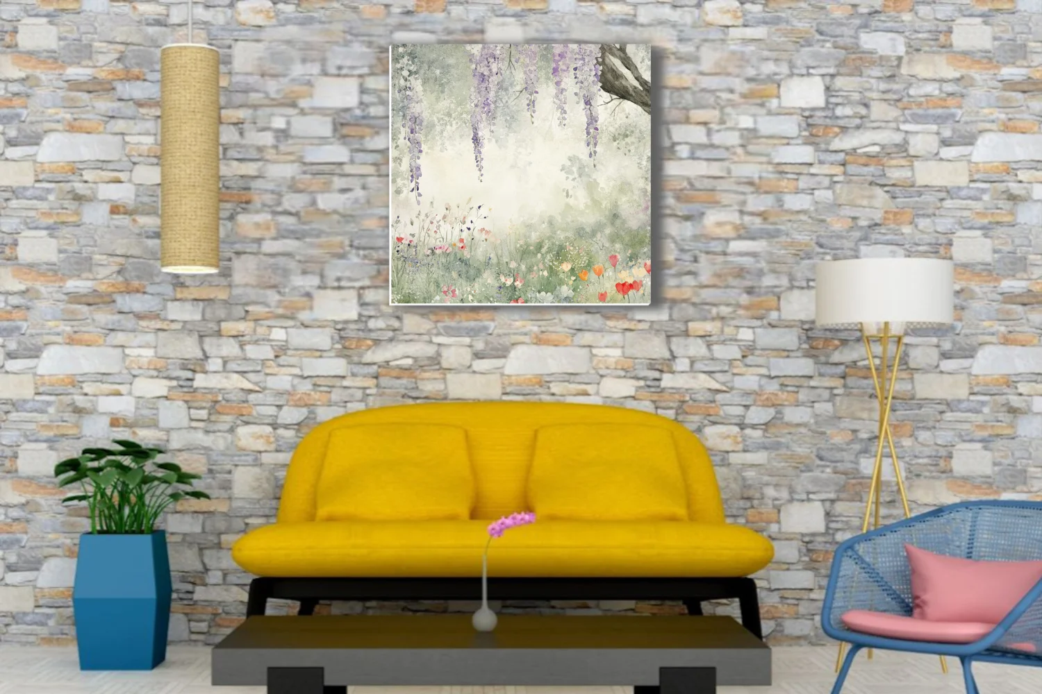 Watercolor-style wisteria and wildflower meadow in lavender, sage, and coral pastels