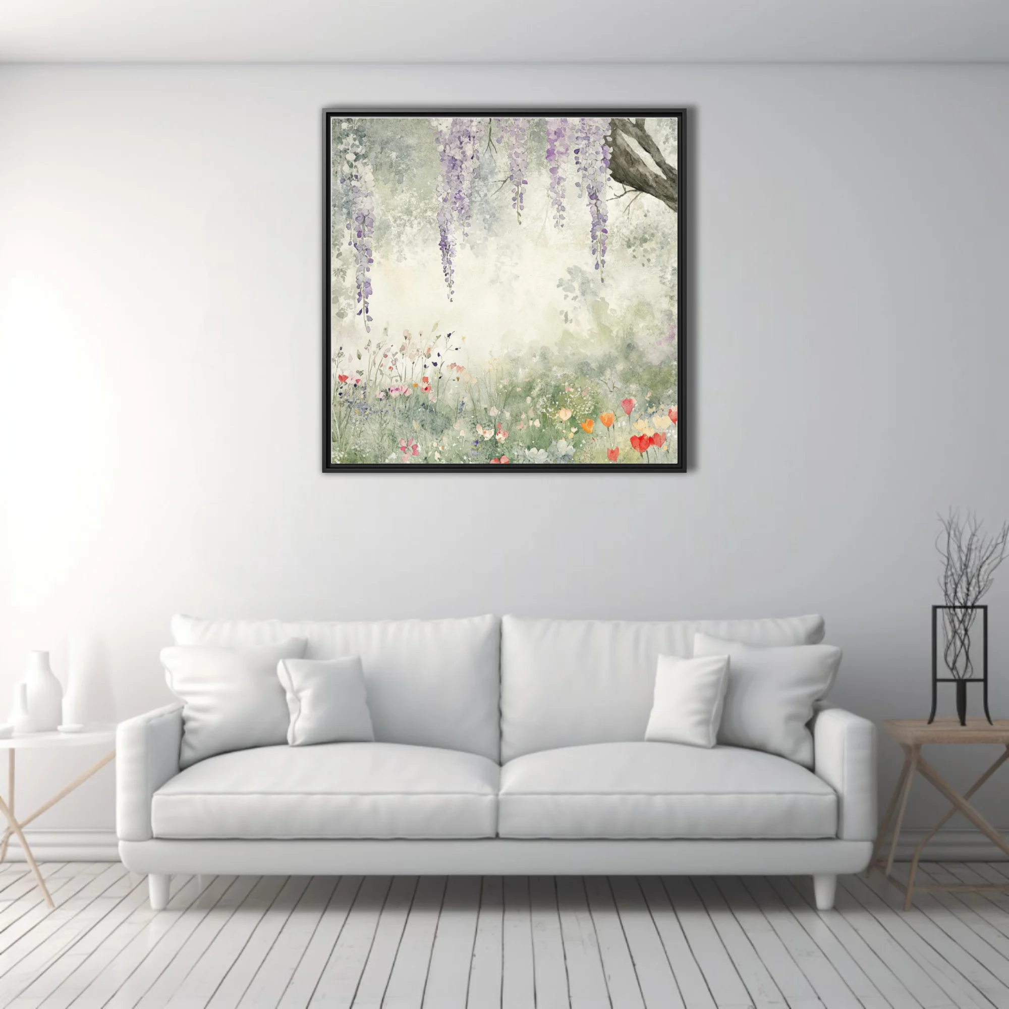 Watercolor-style wisteria and wildflower meadow in lavender, sage, and coral pastels
