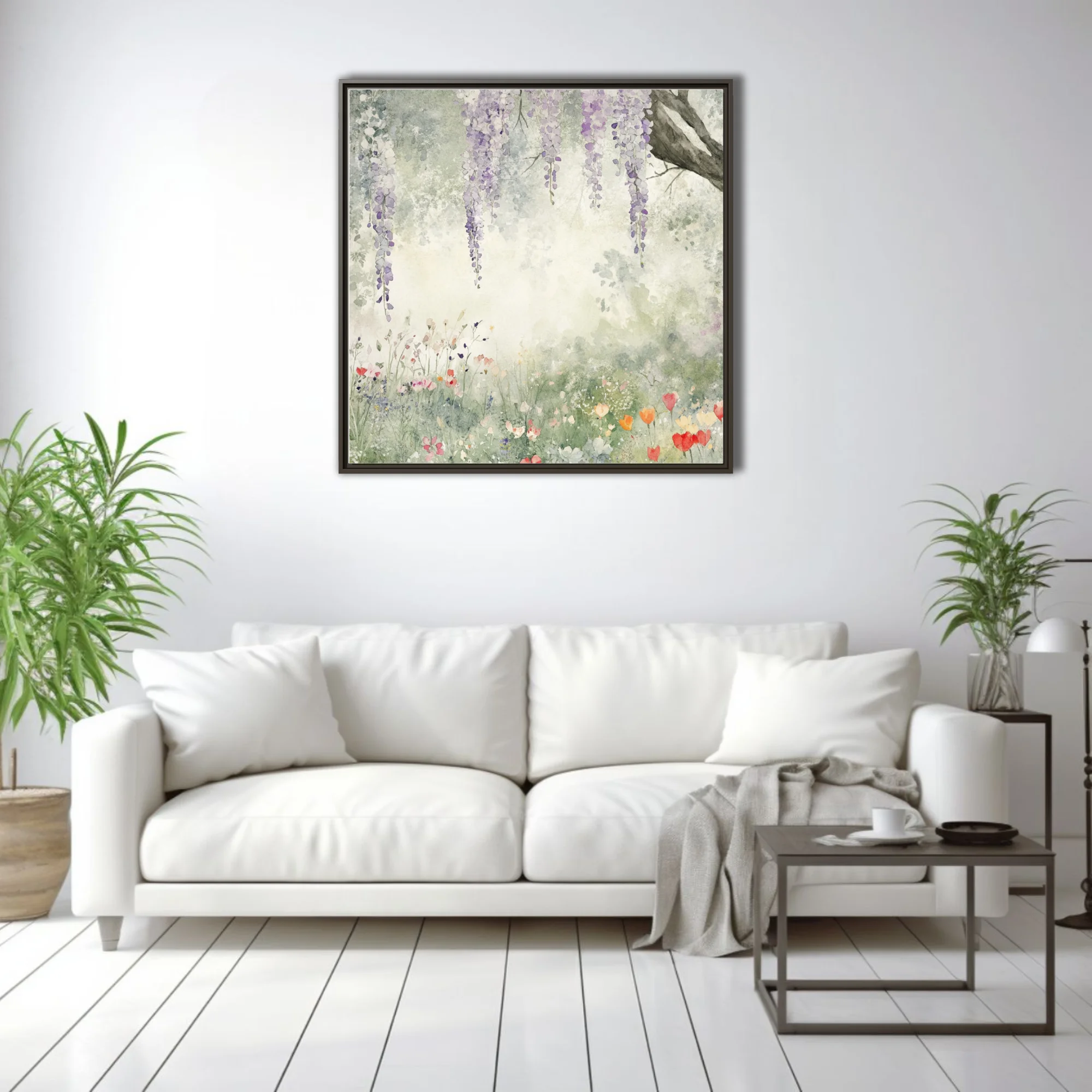 Watercolor-style wisteria and wildflower meadow in lavender, sage, and coral pastels