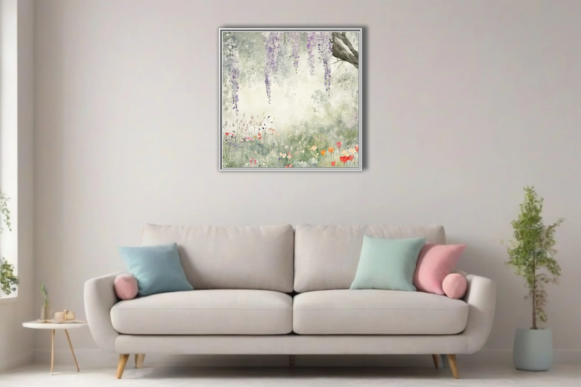 Watercolor-style wisteria and wildflower meadow in lavender, sage, and coral pastels