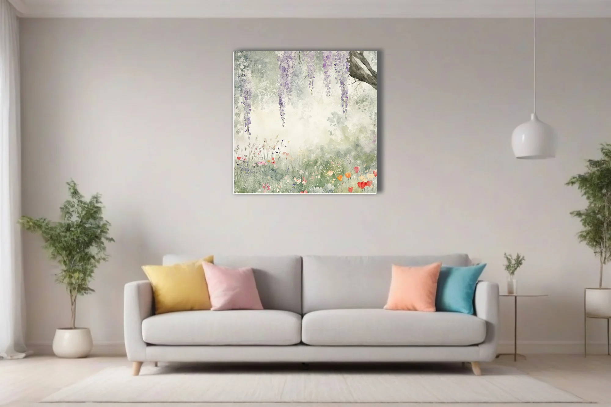 Watercolor-style wisteria and wildflower meadow in lavender, sage, and coral pastels