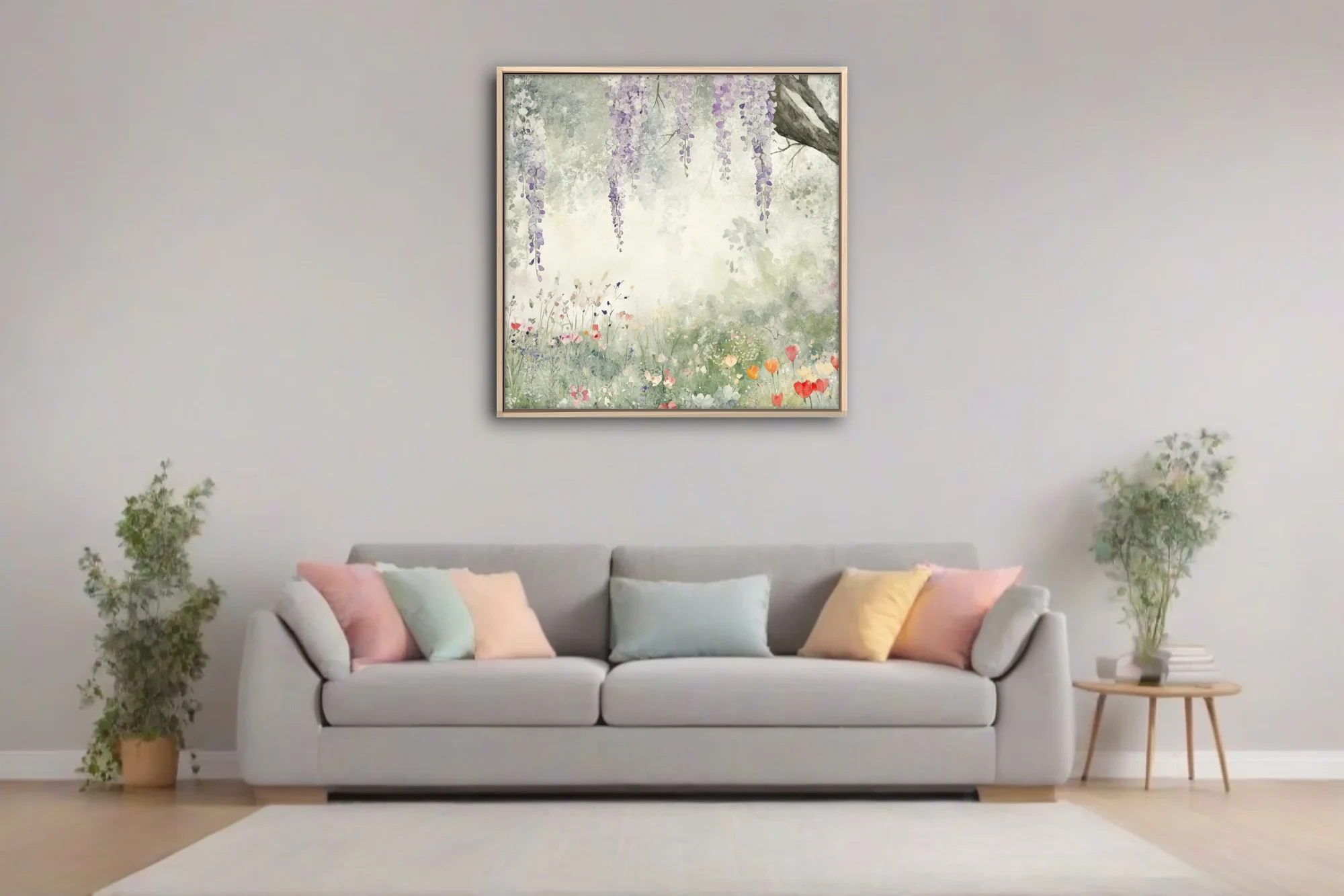 Watercolor-style wisteria and wildflower meadow in lavender, sage, and coral pastels