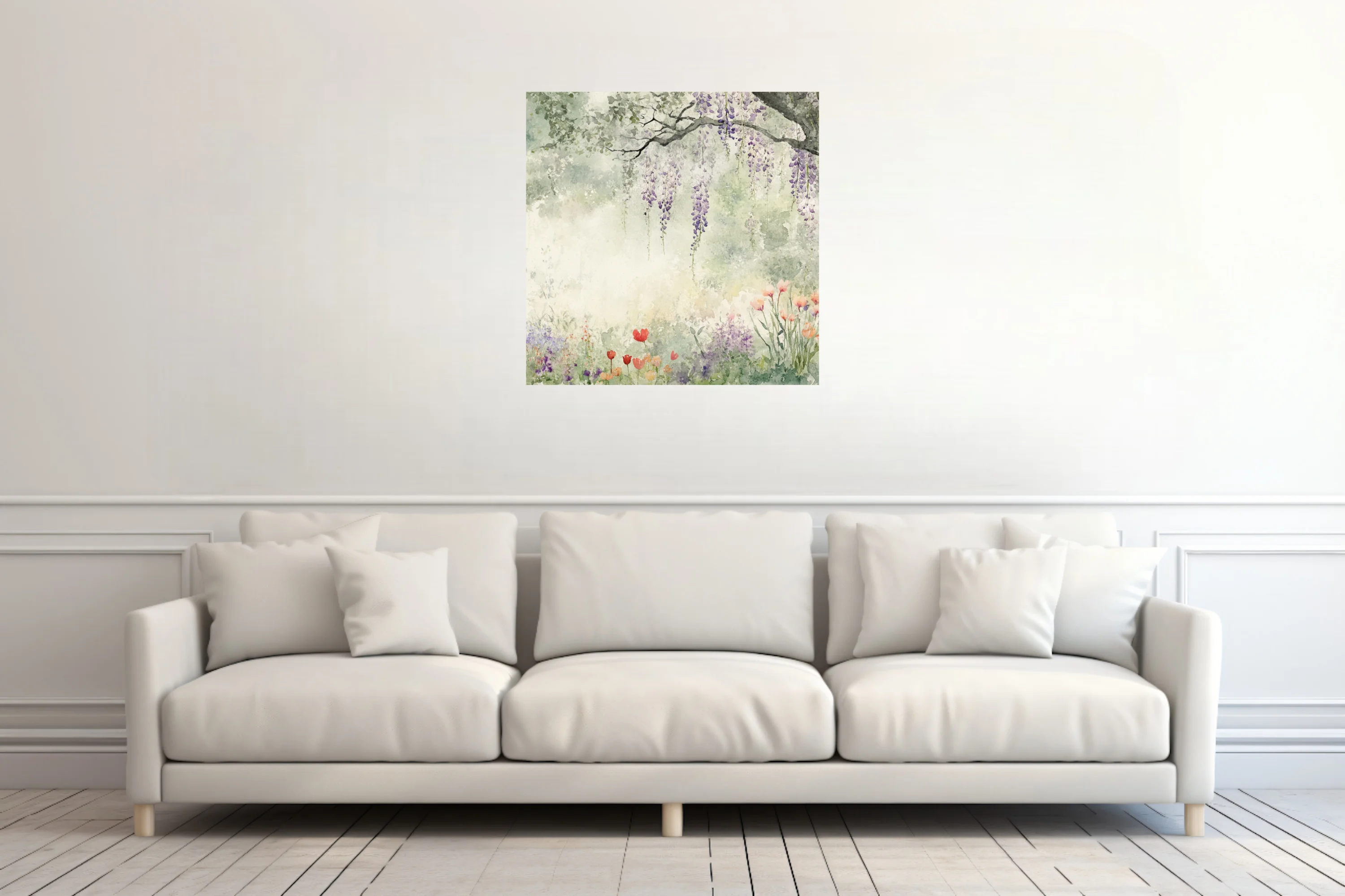 Watercolor-style garden with cascading wisteria and tulips in soft sage, lavender, and coral pastel tones