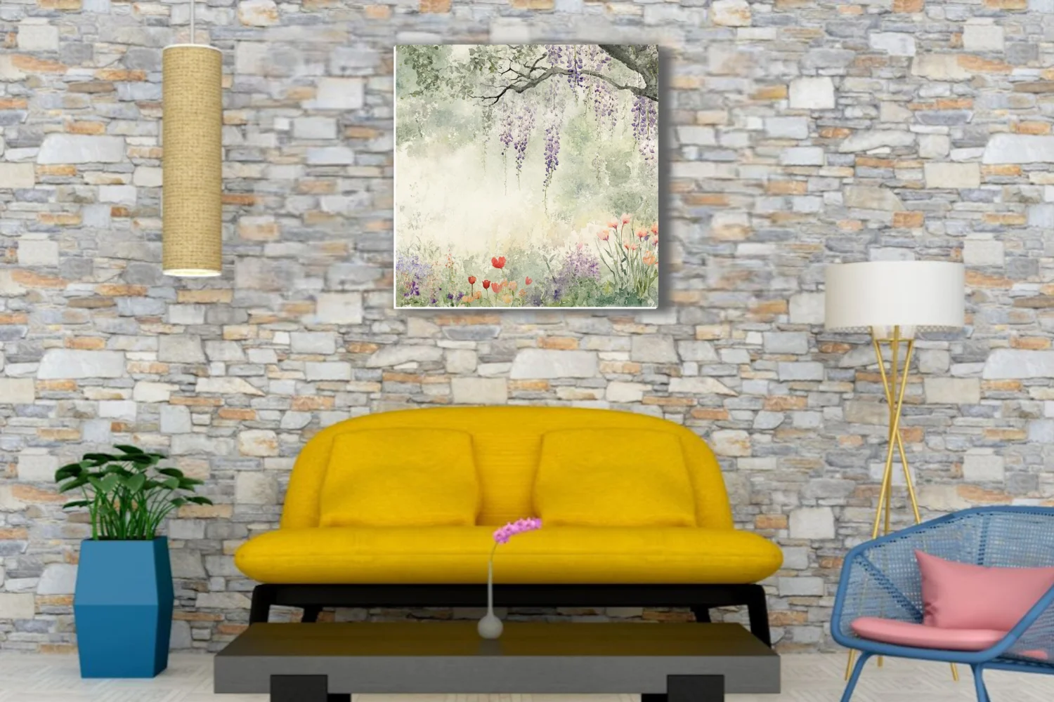 Watercolor-style garden with cascading wisteria and tulips in soft sage, lavender, and coral pastel tones