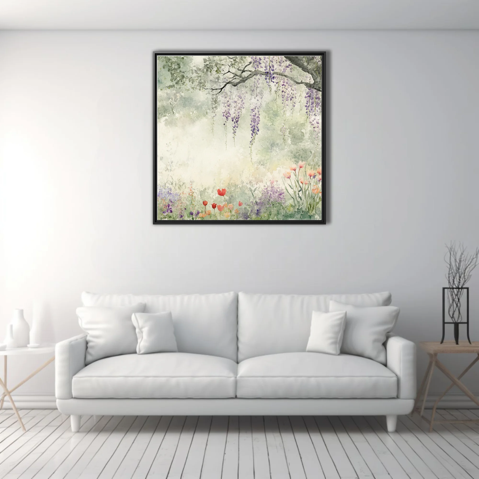 Watercolor-style garden with cascading wisteria and tulips in soft sage, lavender, and coral pastel tones
