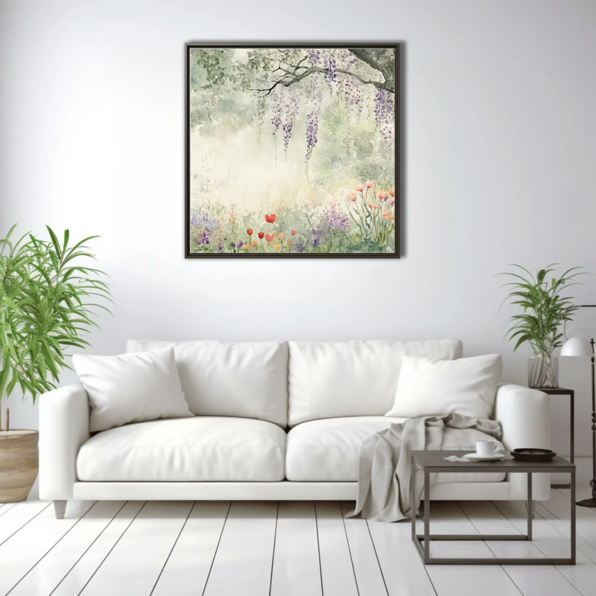 Watercolor-style garden with cascading wisteria and tulips in soft sage, lavender, and coral pastel tones