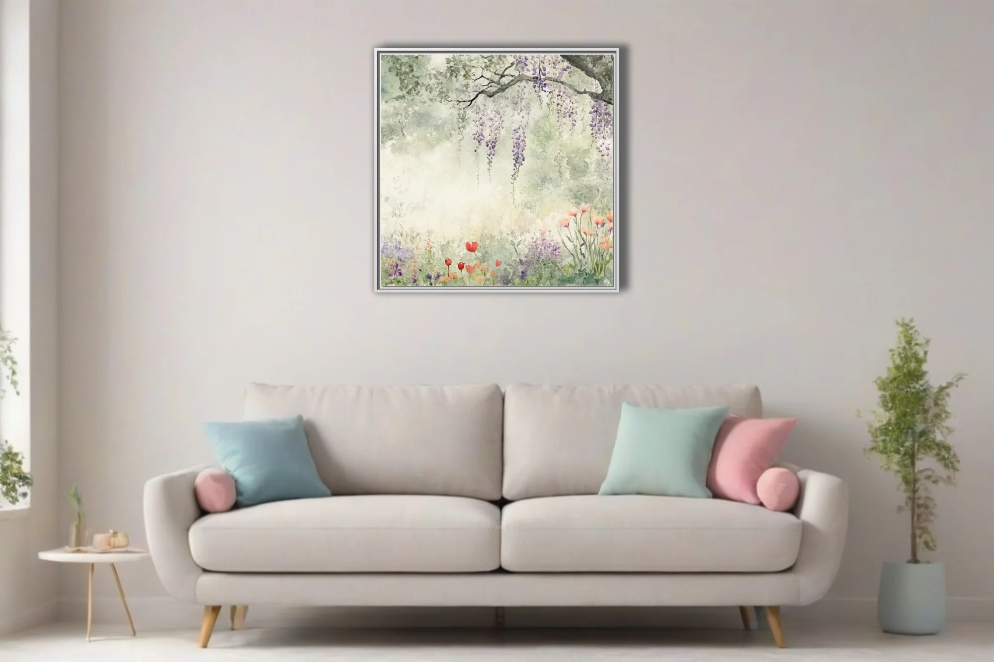 Watercolor-style garden with cascading wisteria and tulips in soft sage, lavender, and coral pastel tones