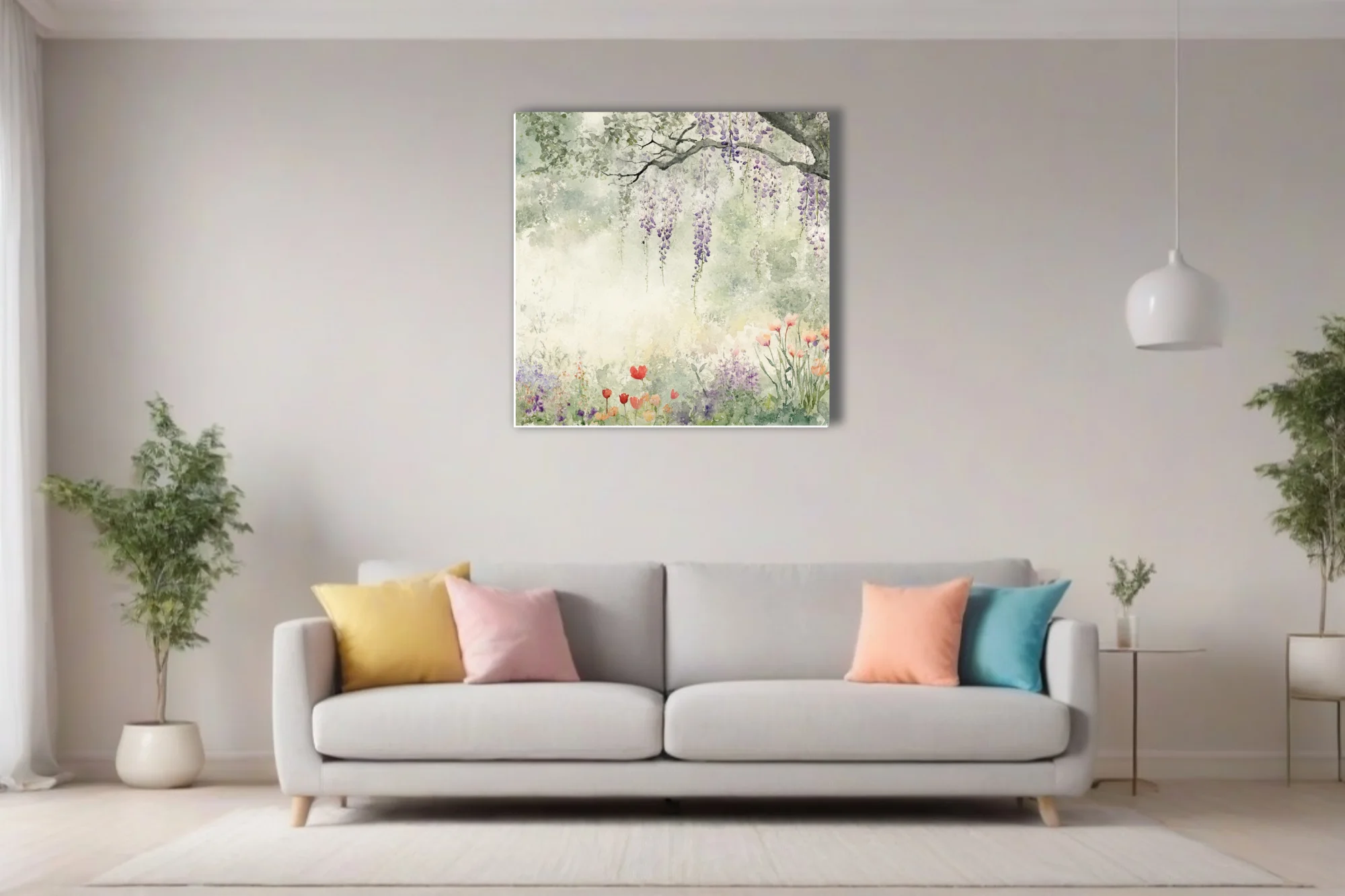 Watercolor-style garden with cascading wisteria and tulips in soft sage, lavender, and coral pastel tones