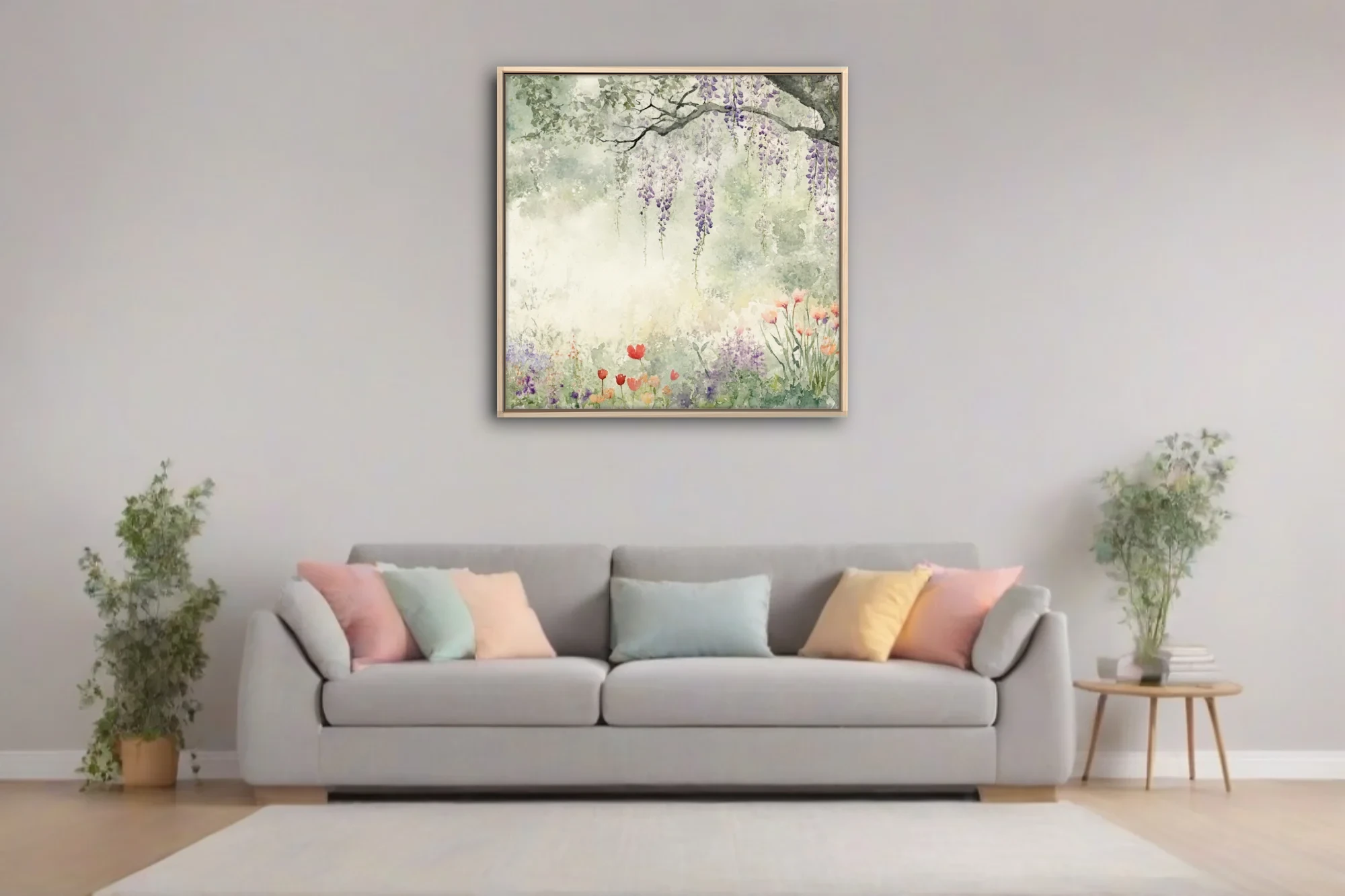 Watercolor-style garden with cascading wisteria and tulips in soft sage, lavender, and coral pastel tones