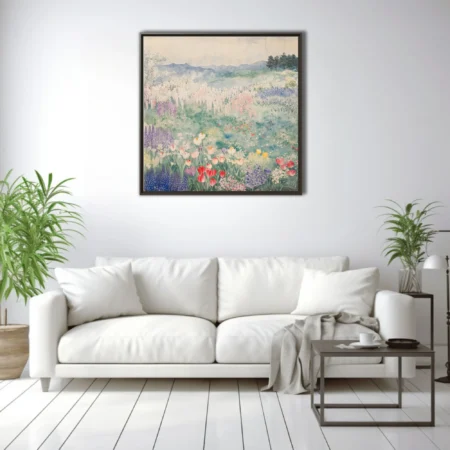 Japanese-style watercolor floral landscape with tulips, wisteria, and misty mountain backdrop