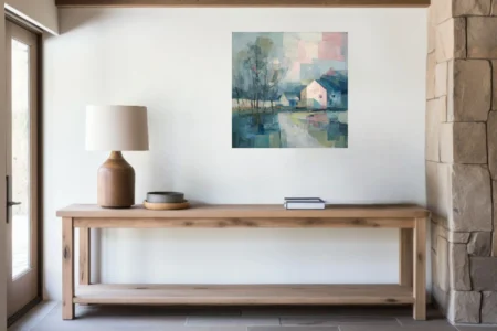 Faceted geometric village landscape with pastel pink and blue tones, reflective water