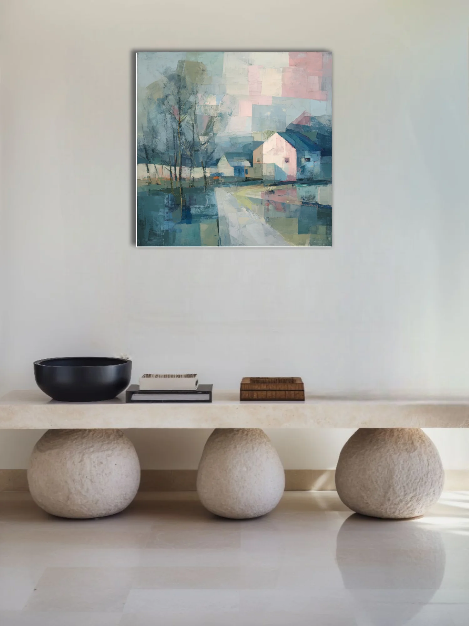 Faceted geometric village landscape with pastel pink and blue tones, reflective water