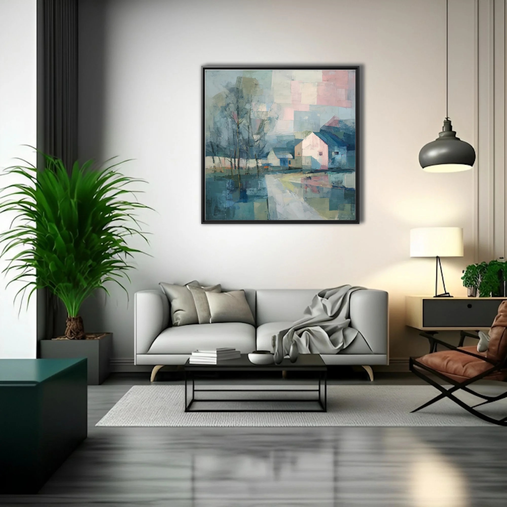 Faceted geometric village landscape with pastel pink and blue tones, reflective water