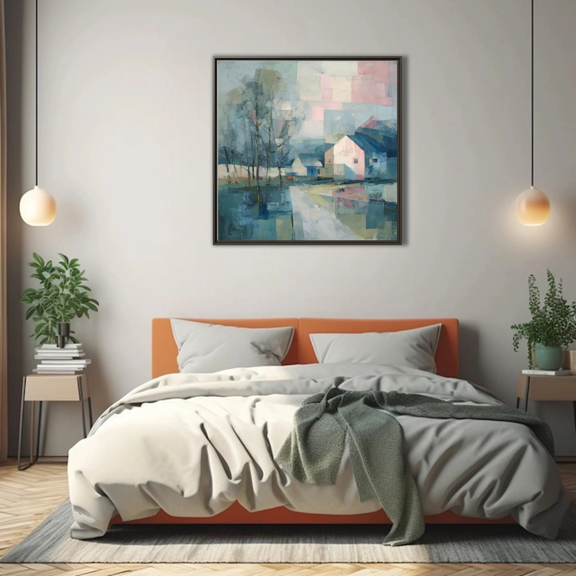 Faceted geometric village landscape with pastel pink and blue tones, reflective water