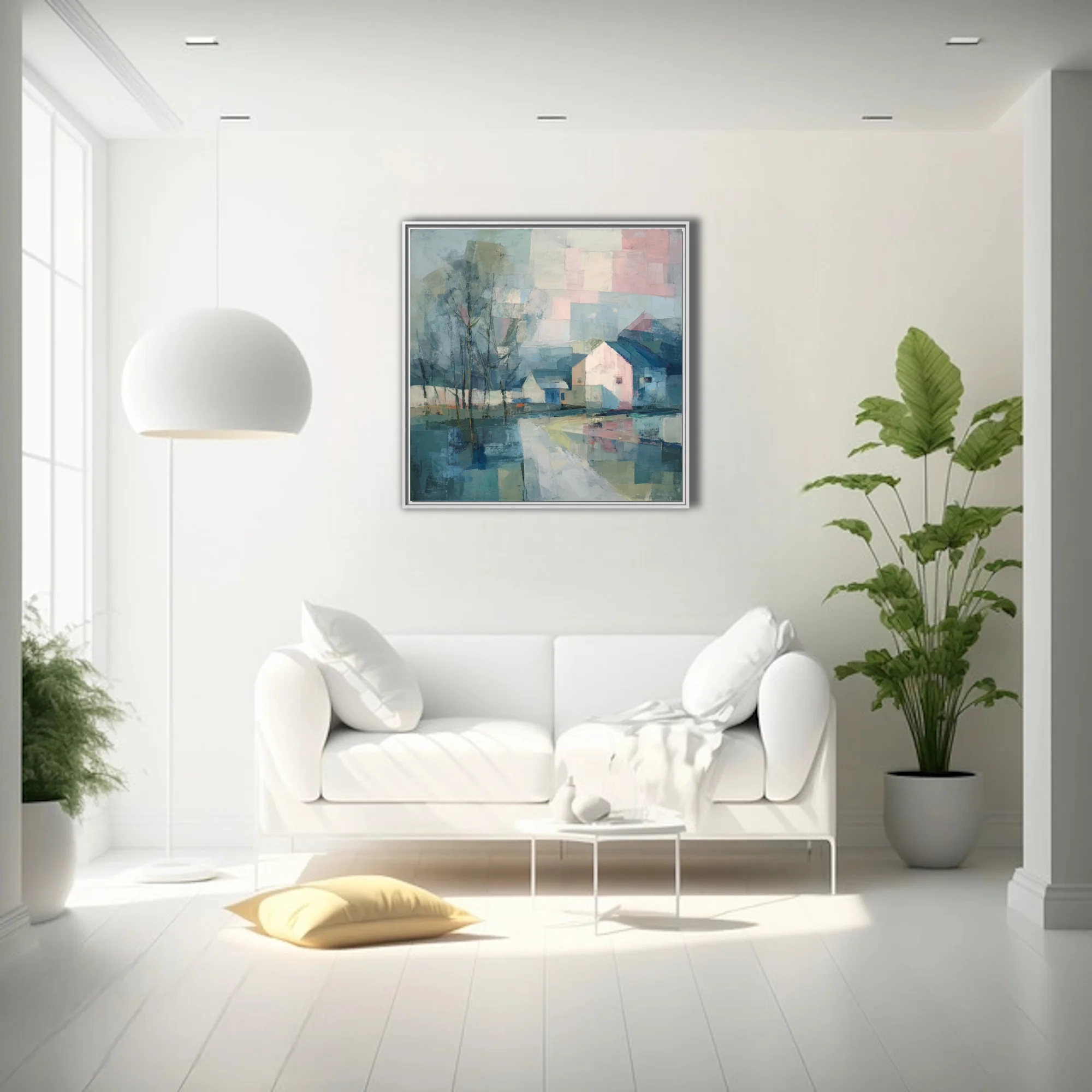 Faceted geometric village landscape with pastel pink and blue tones, reflective water