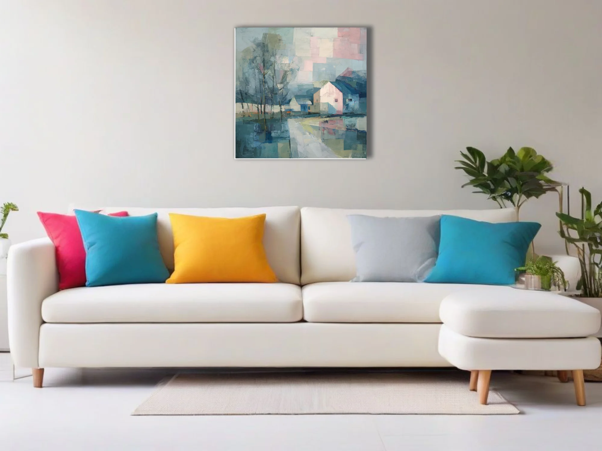 Faceted geometric village landscape with pastel pink and blue tones, reflective water