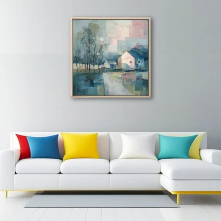 Faceted geometric village landscape with pastel pink and blue tones, reflective water