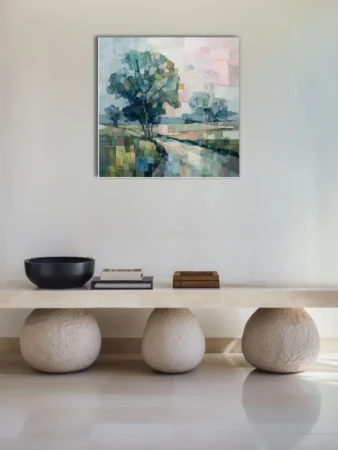Faceted geometric landscape with faceted tree and fields in sage, teal, and blush strokes