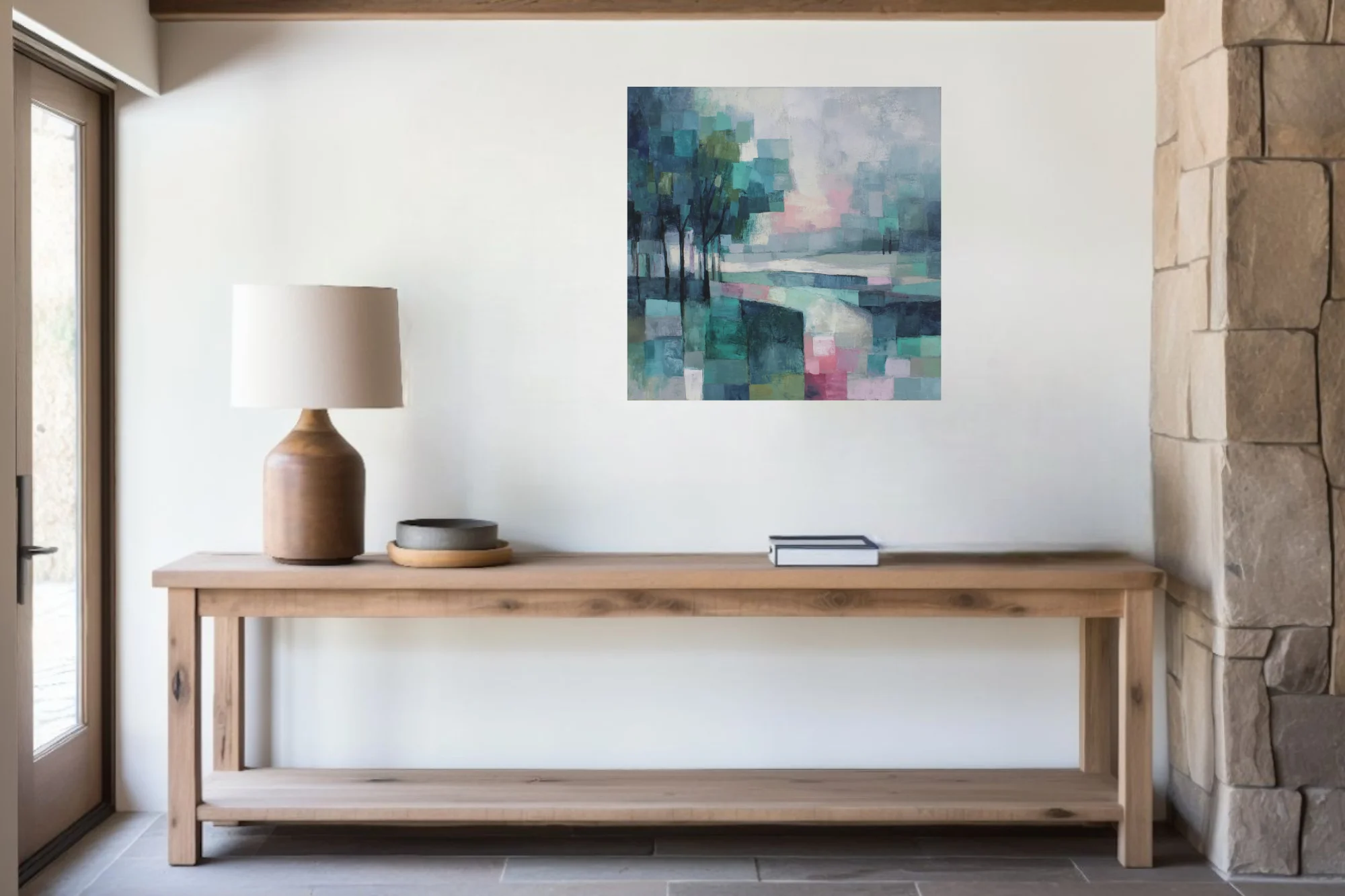 Abstract teal and blush mosaic landscape with tree silhouettes, geometric strokes