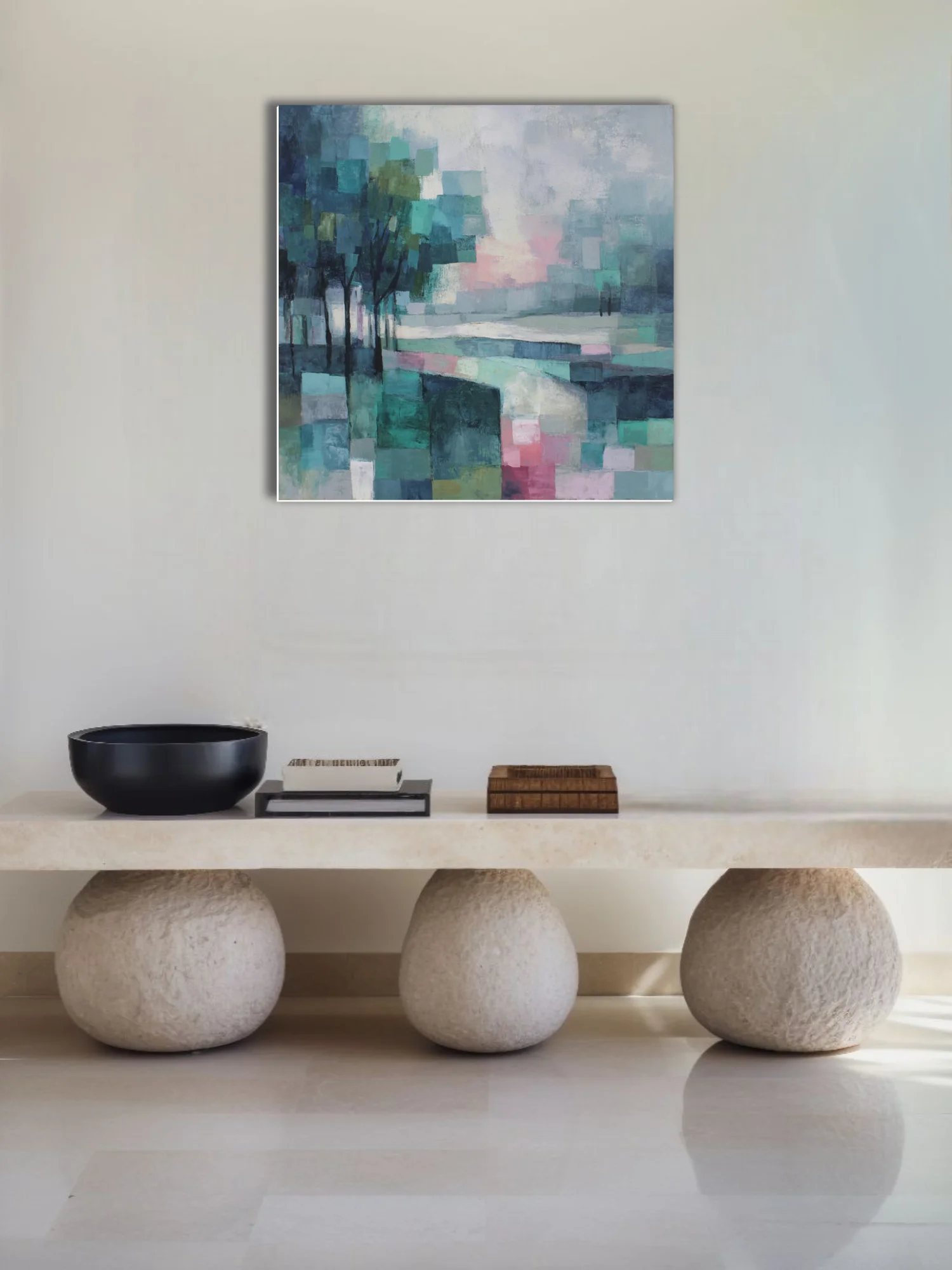 Abstract teal and blush mosaic landscape with tree silhouettes, geometric strokes