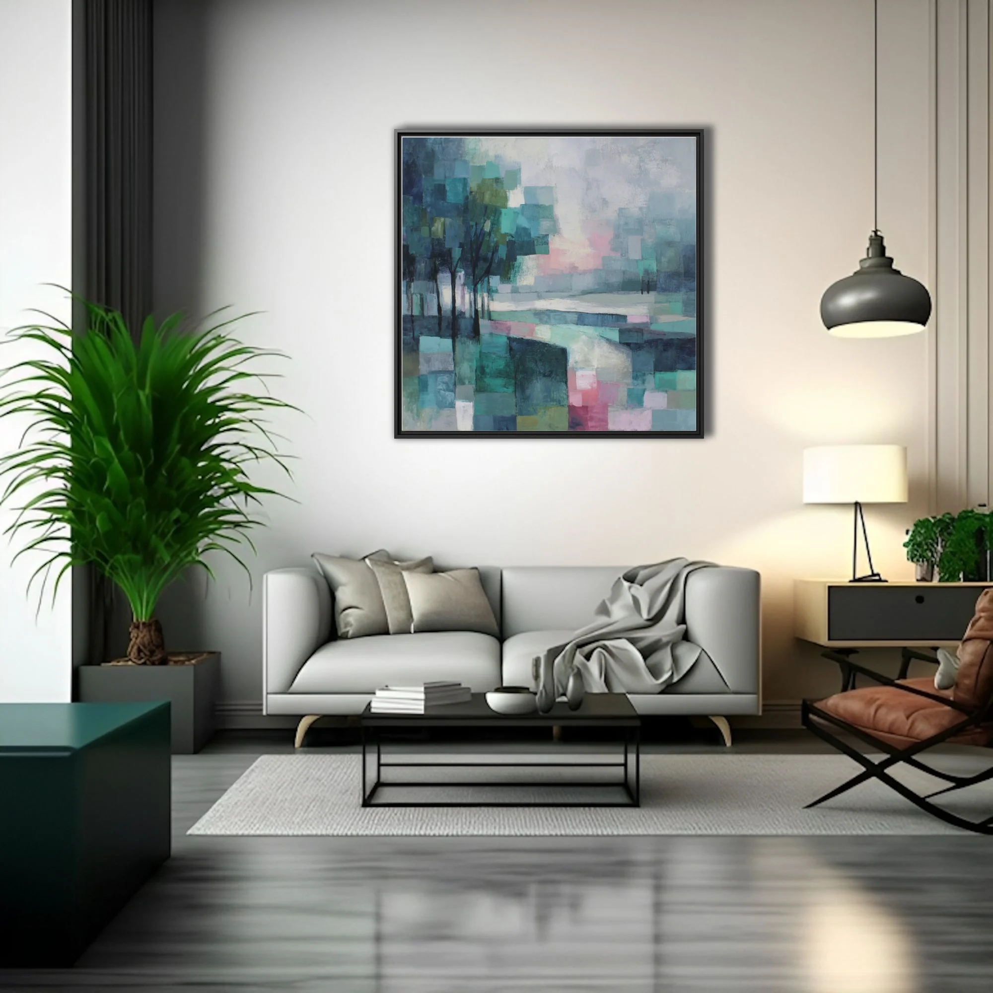 Abstract teal and blush mosaic landscape with tree silhouettes, geometric strokes