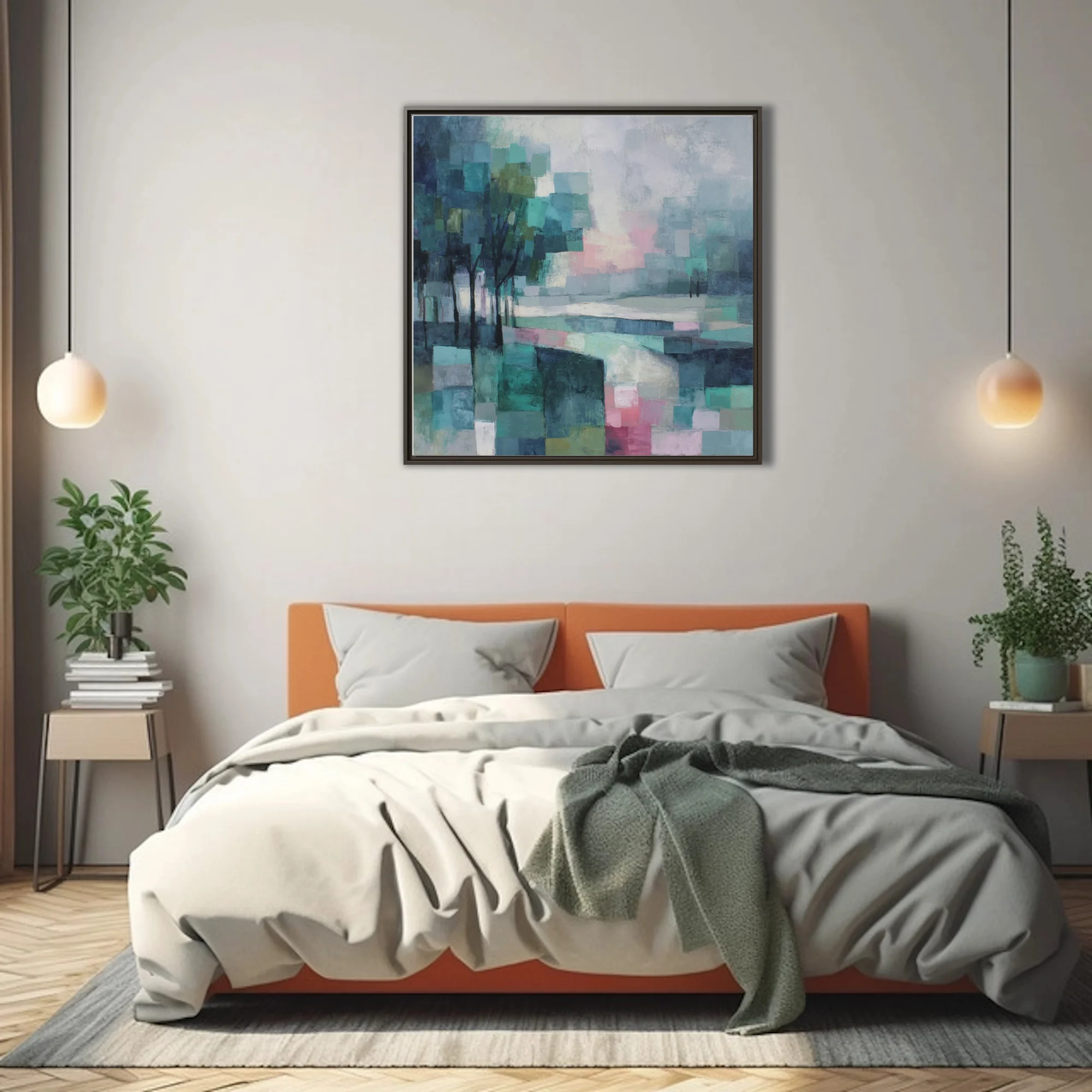 Abstract teal and blush mosaic landscape with tree silhouettes, geometric strokes