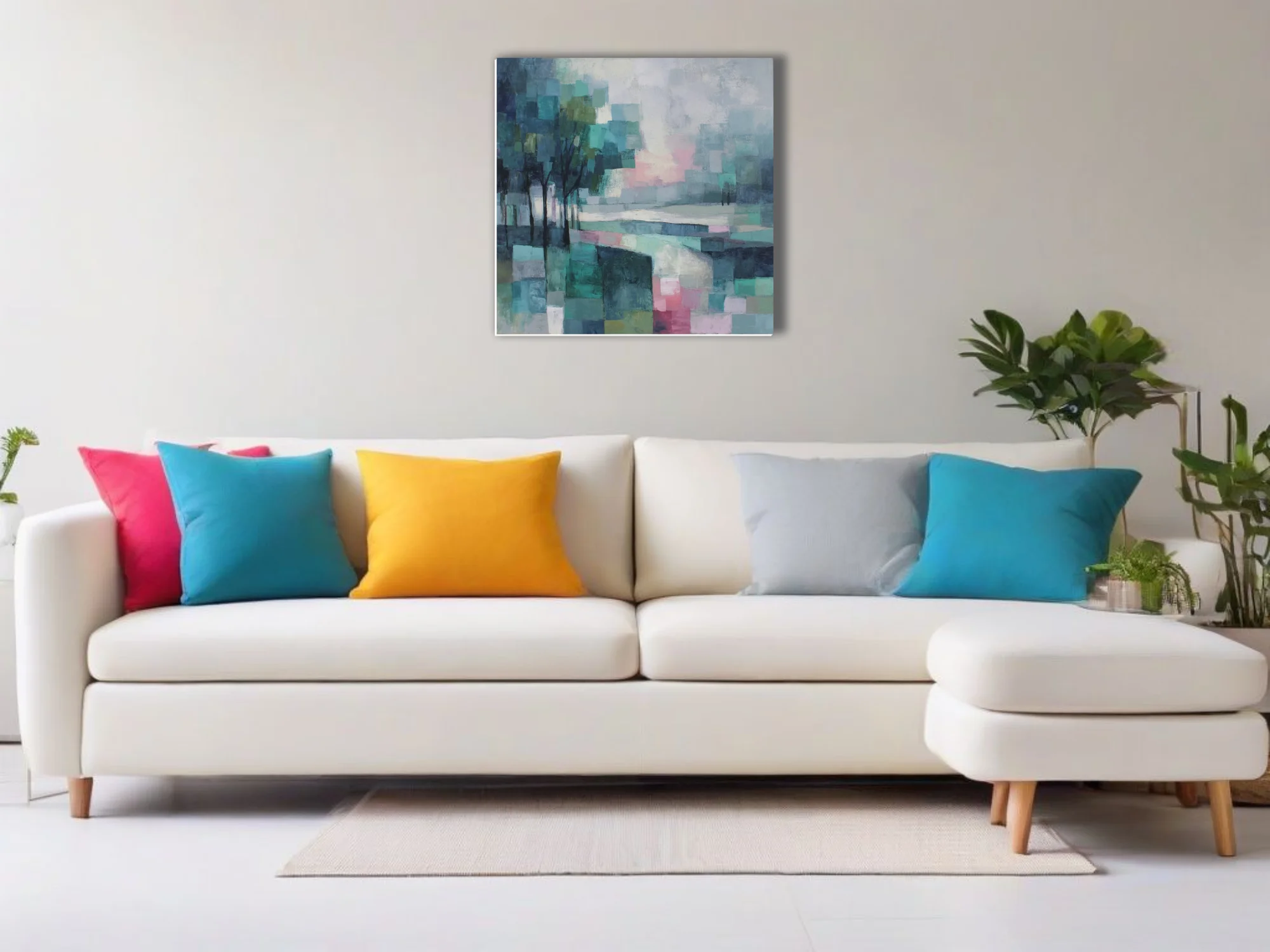 Abstract teal and blush mosaic landscape with tree silhouettes, geometric strokes