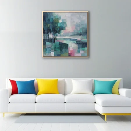 Abstract teal and blush mosaic landscape with tree silhouettes, geometric strokes