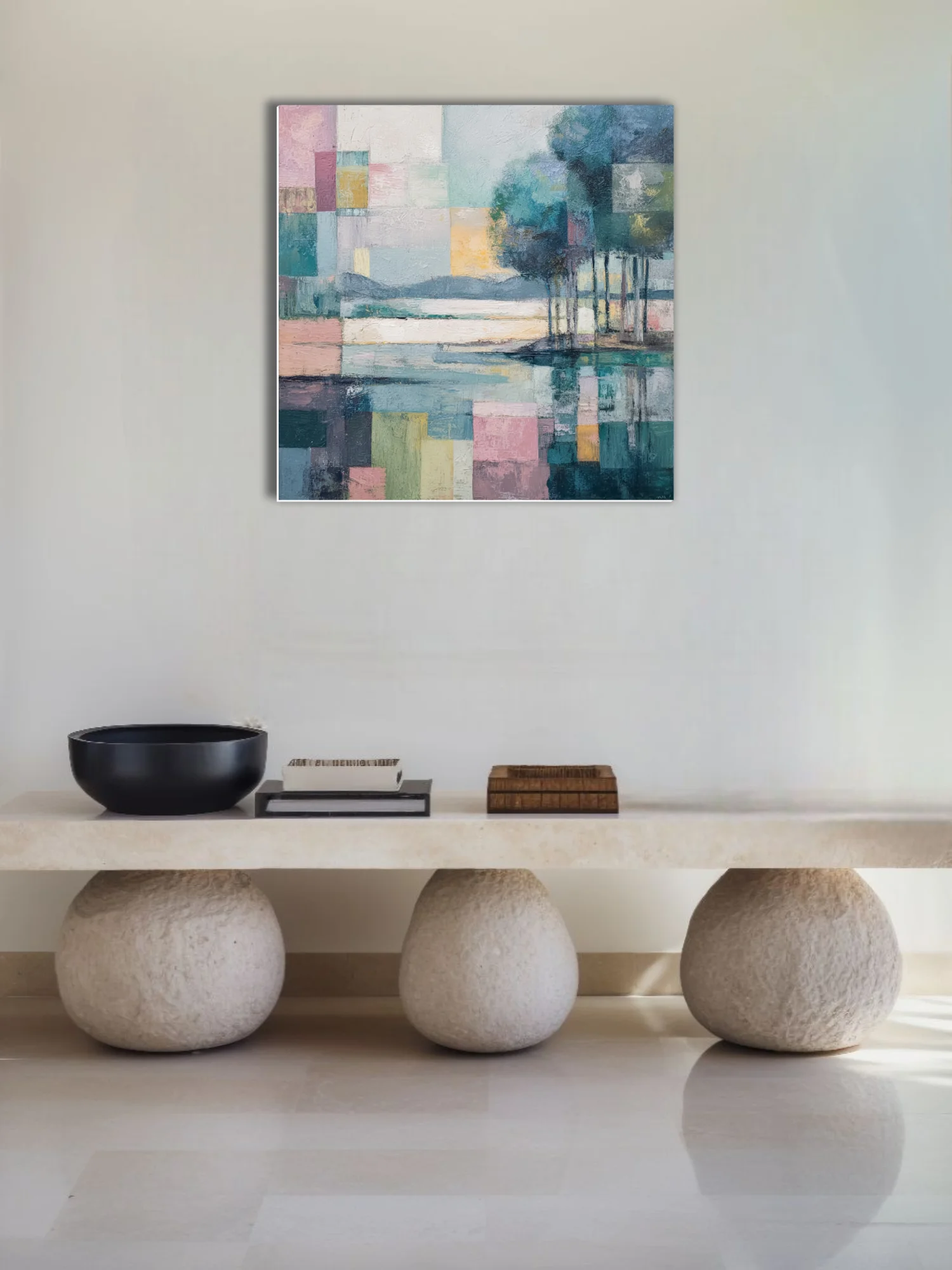 Geometric abstract landscape in pastel teal, rose, and ochre with strokes