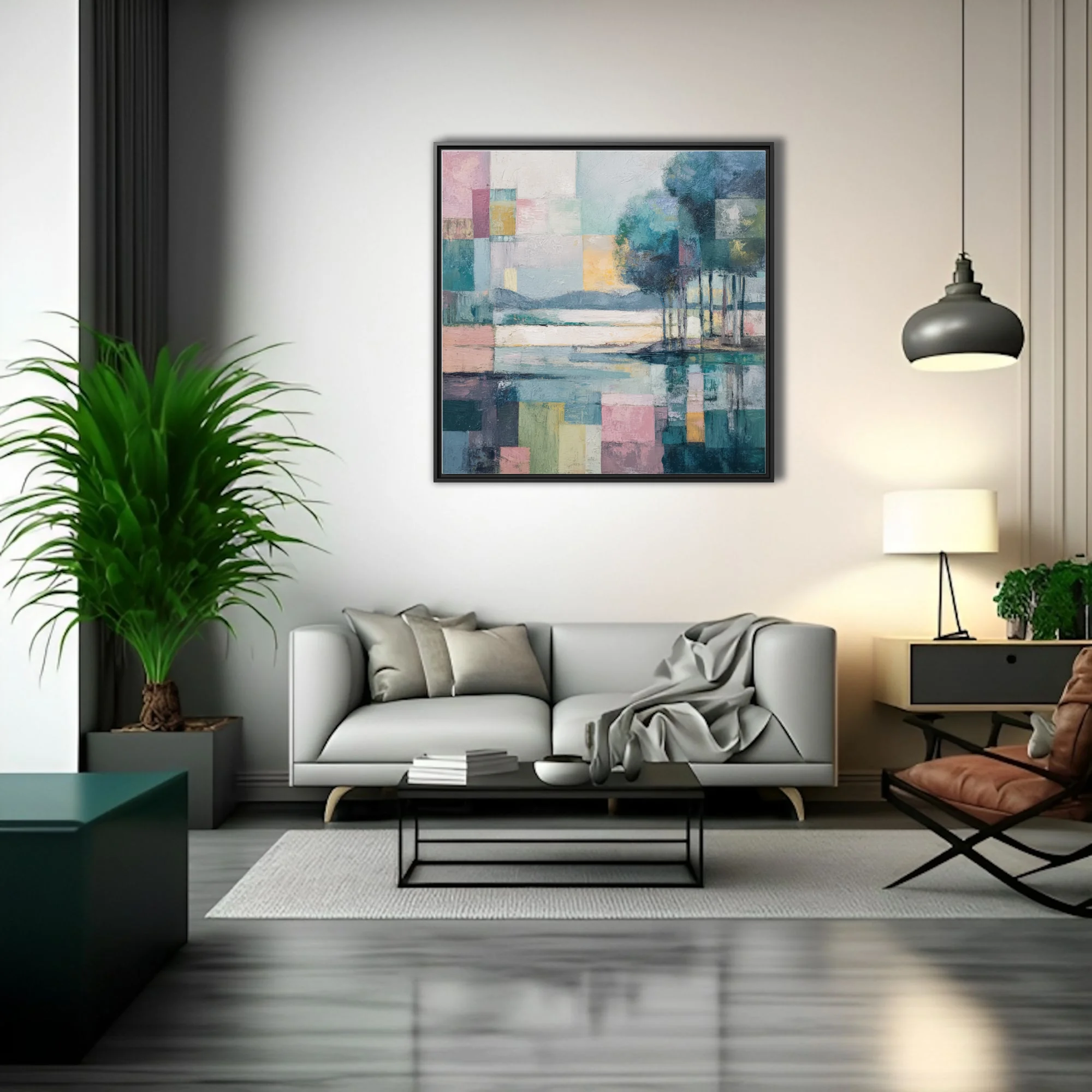Geometric abstract landscape in pastel teal, rose, and ochre with strokes