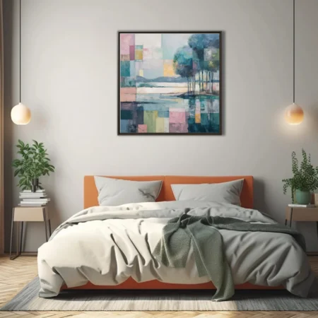 Geometric abstract landscape in pastel teal, rose, and ochre with strokes