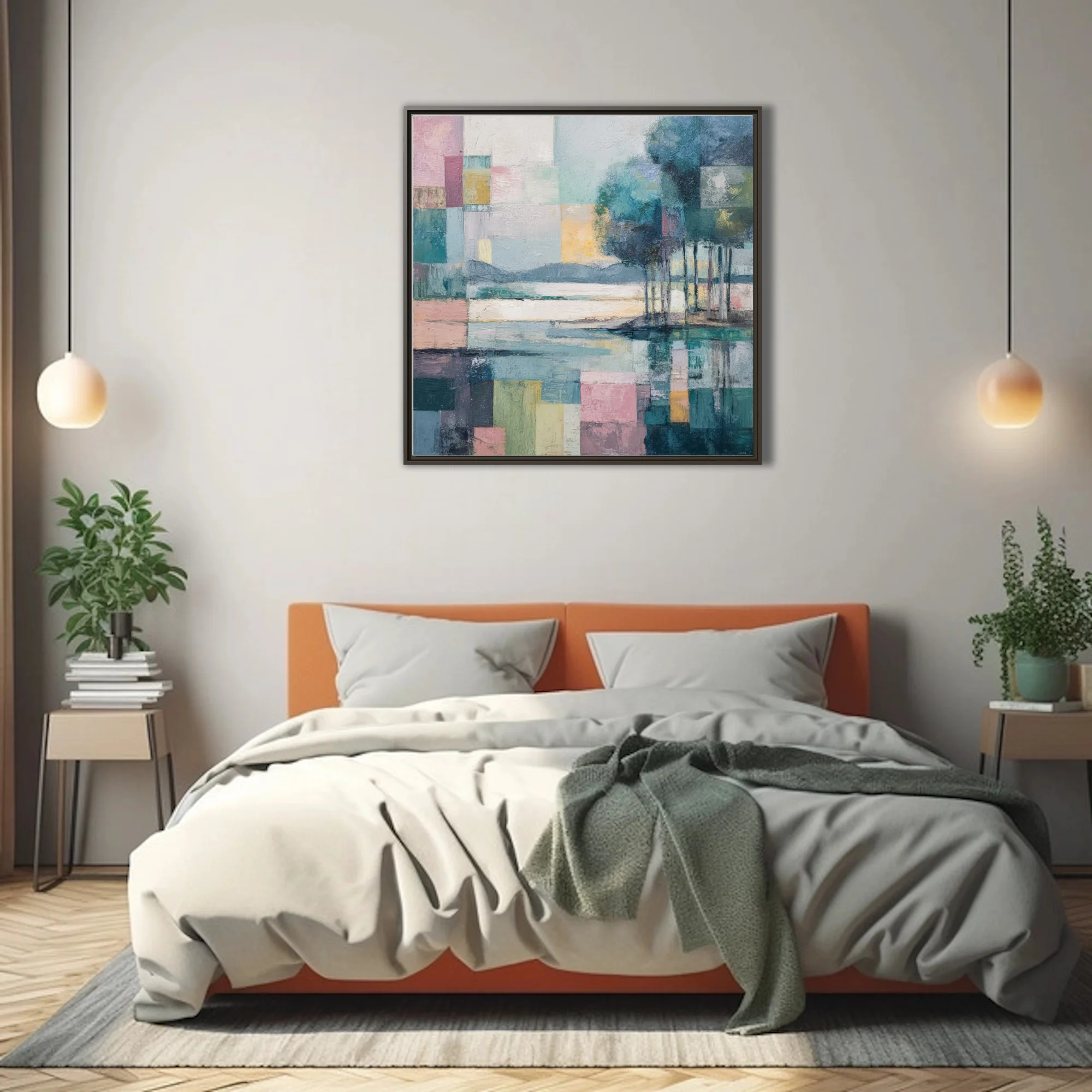 Geometric abstract landscape in pastel teal, rose, and ochre with strokes