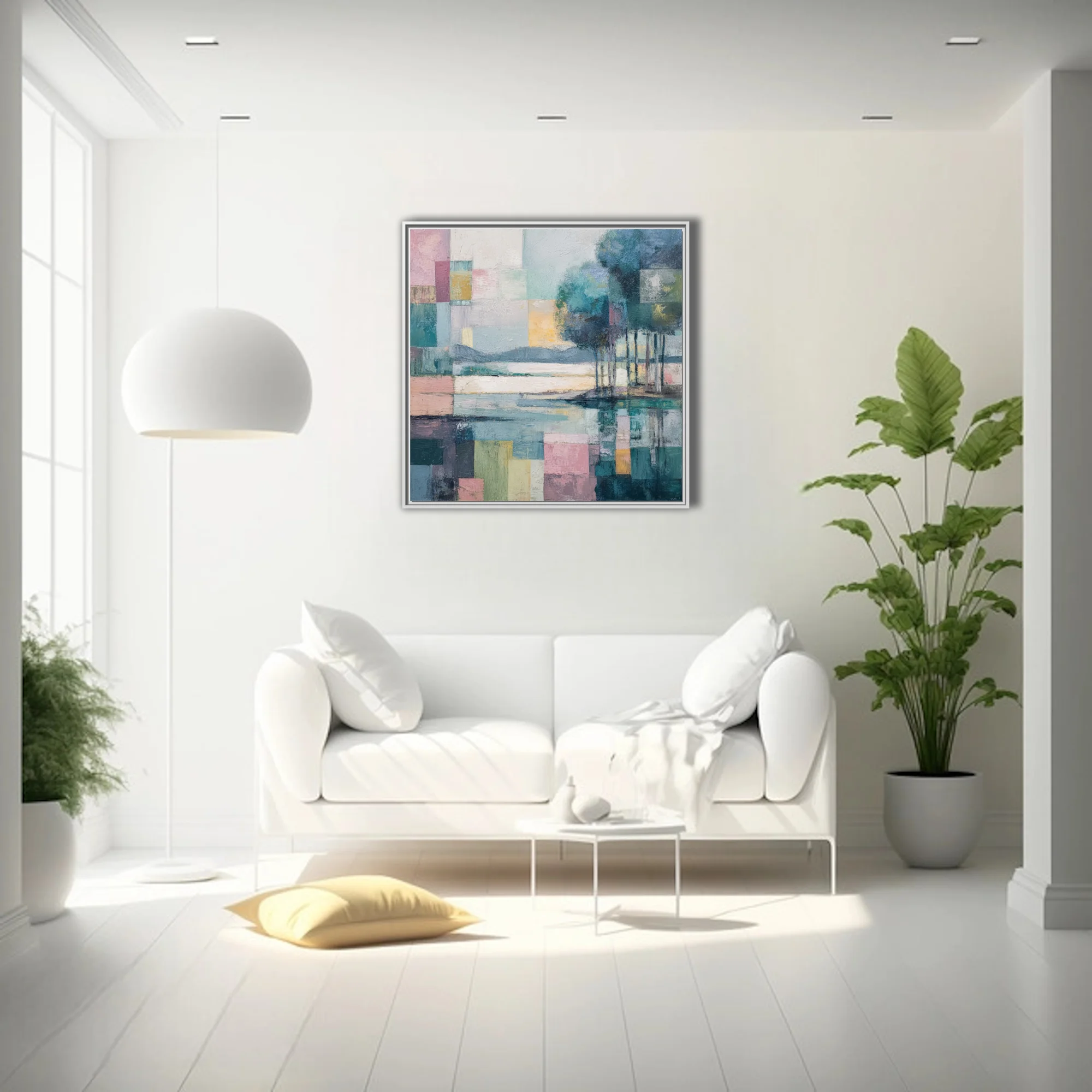 Geometric abstract landscape in pastel teal, rose, and ochre with strokes