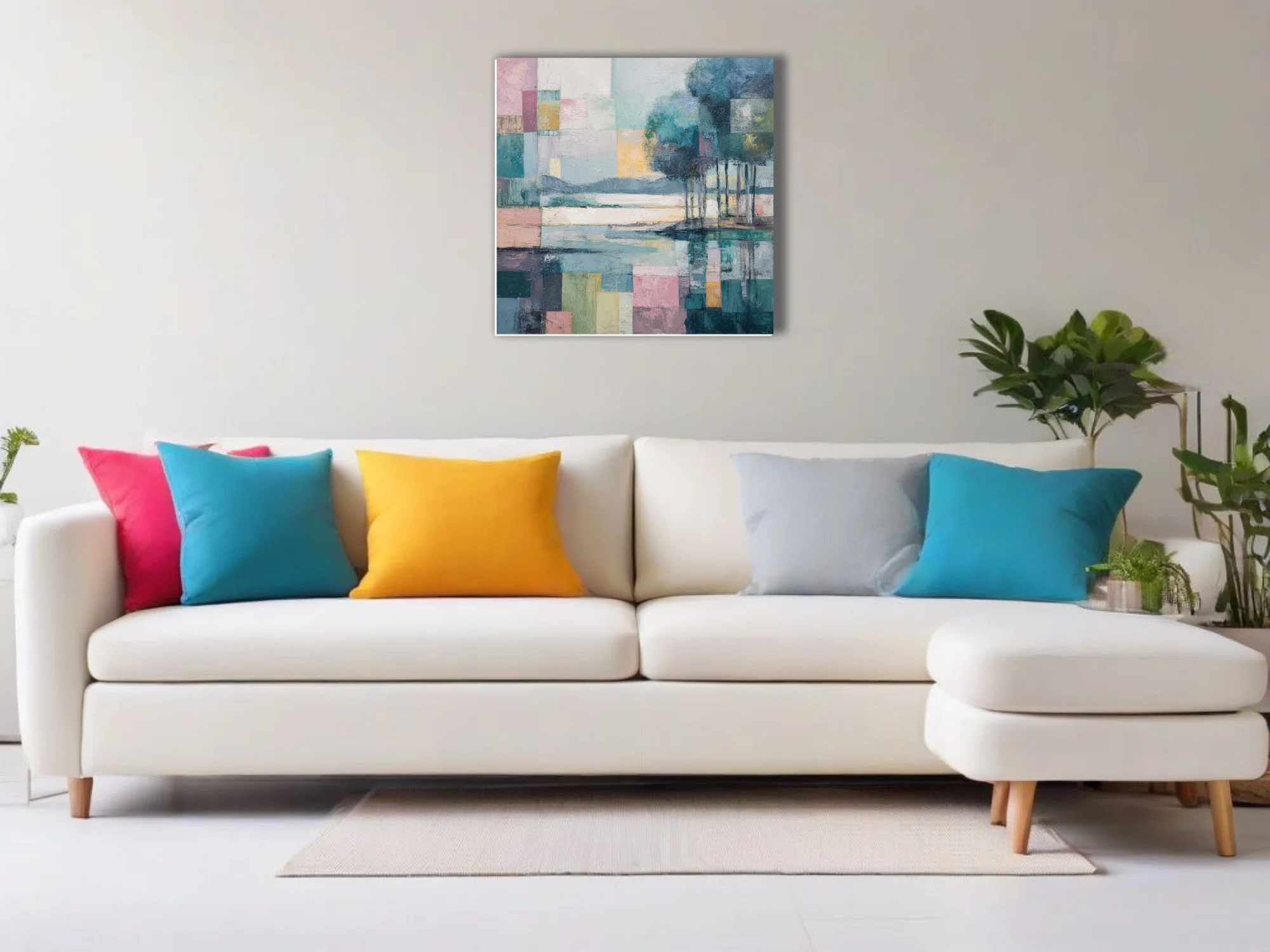 Geometric abstract landscape in pastel teal, rose, and ochre with strokes