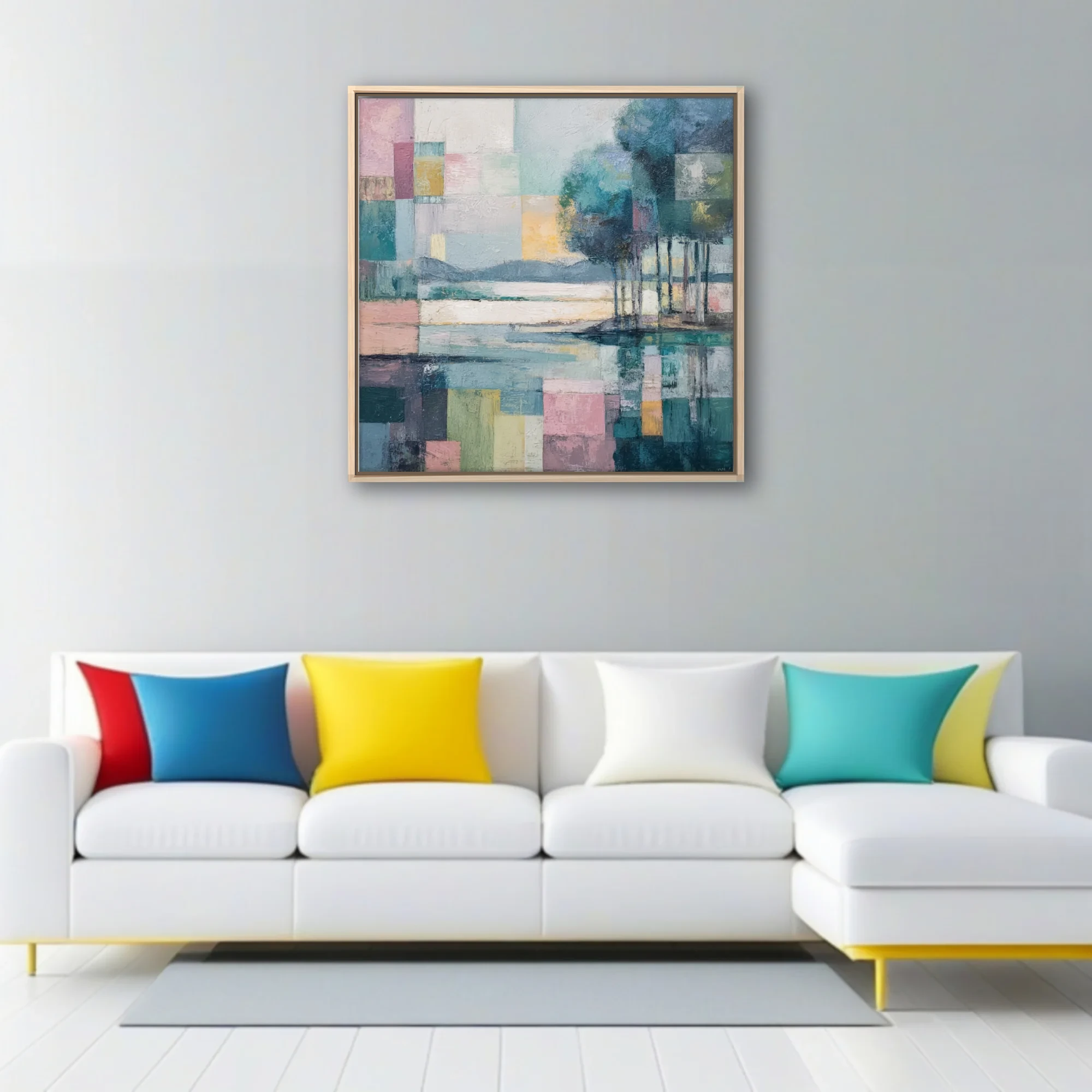 Geometric abstract landscape in pastel teal, rose, and ochre with strokes