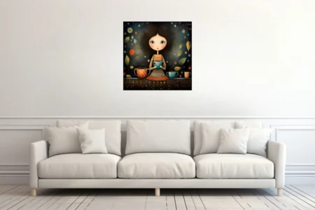 Whimsical boho girl holding coffee mug, teal and terracotta folk illustration