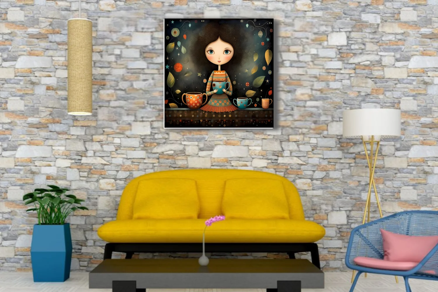 Whimsical boho girl holding coffee mug, teal and terracotta folk illustration