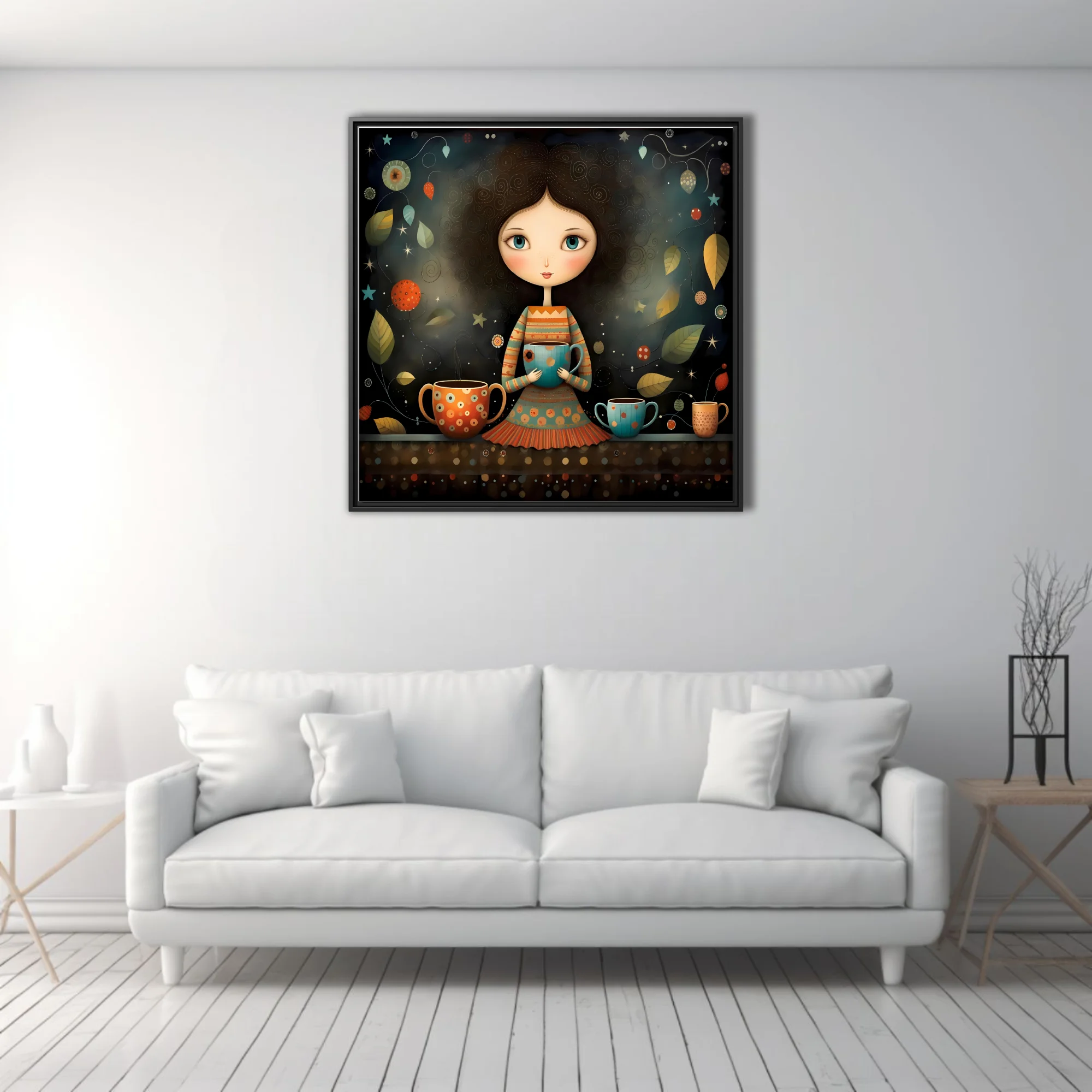 Whimsical boho girl holding coffee mug, teal and terracotta folk illustration
