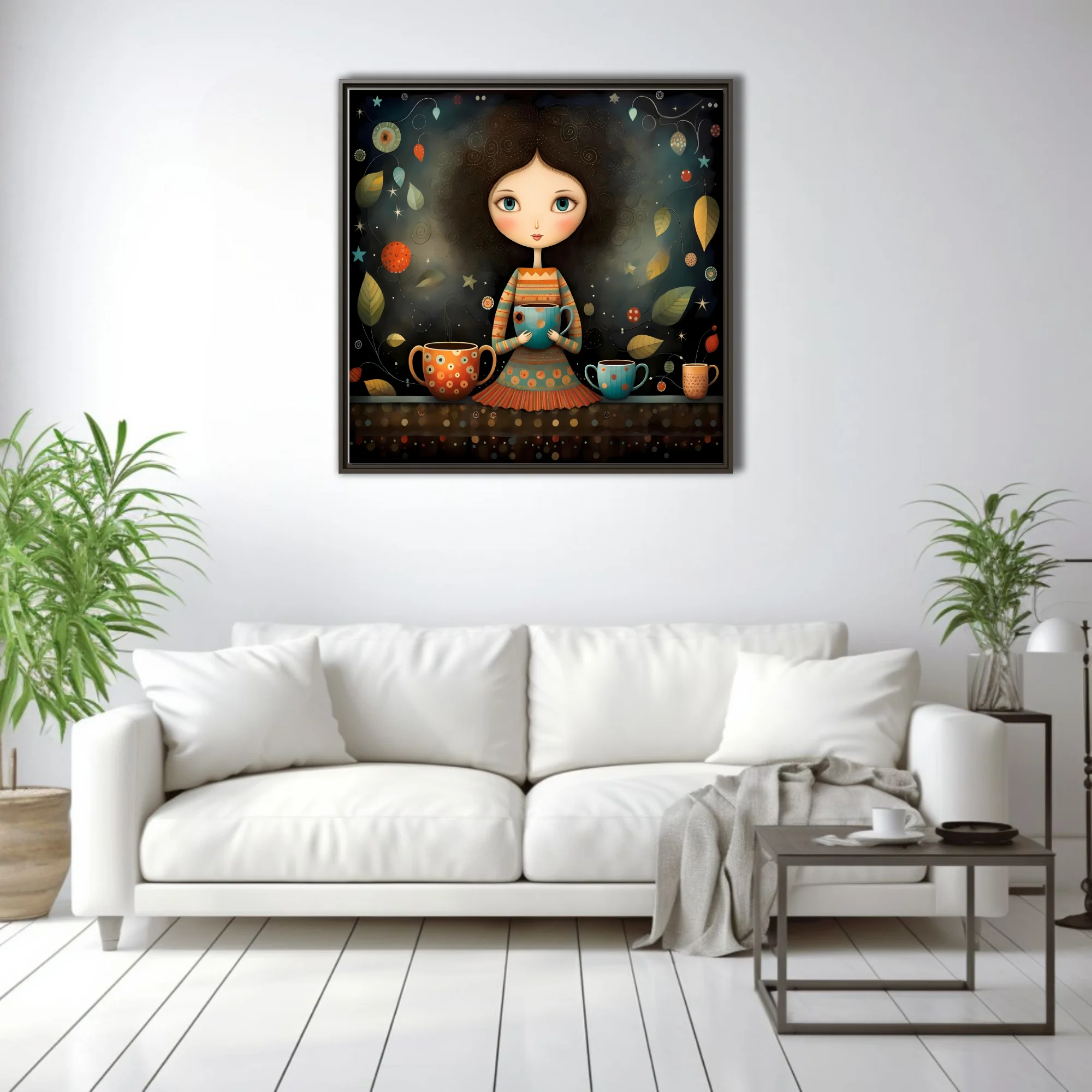 Whimsical boho girl holding coffee mug, teal and terracotta folk illustration