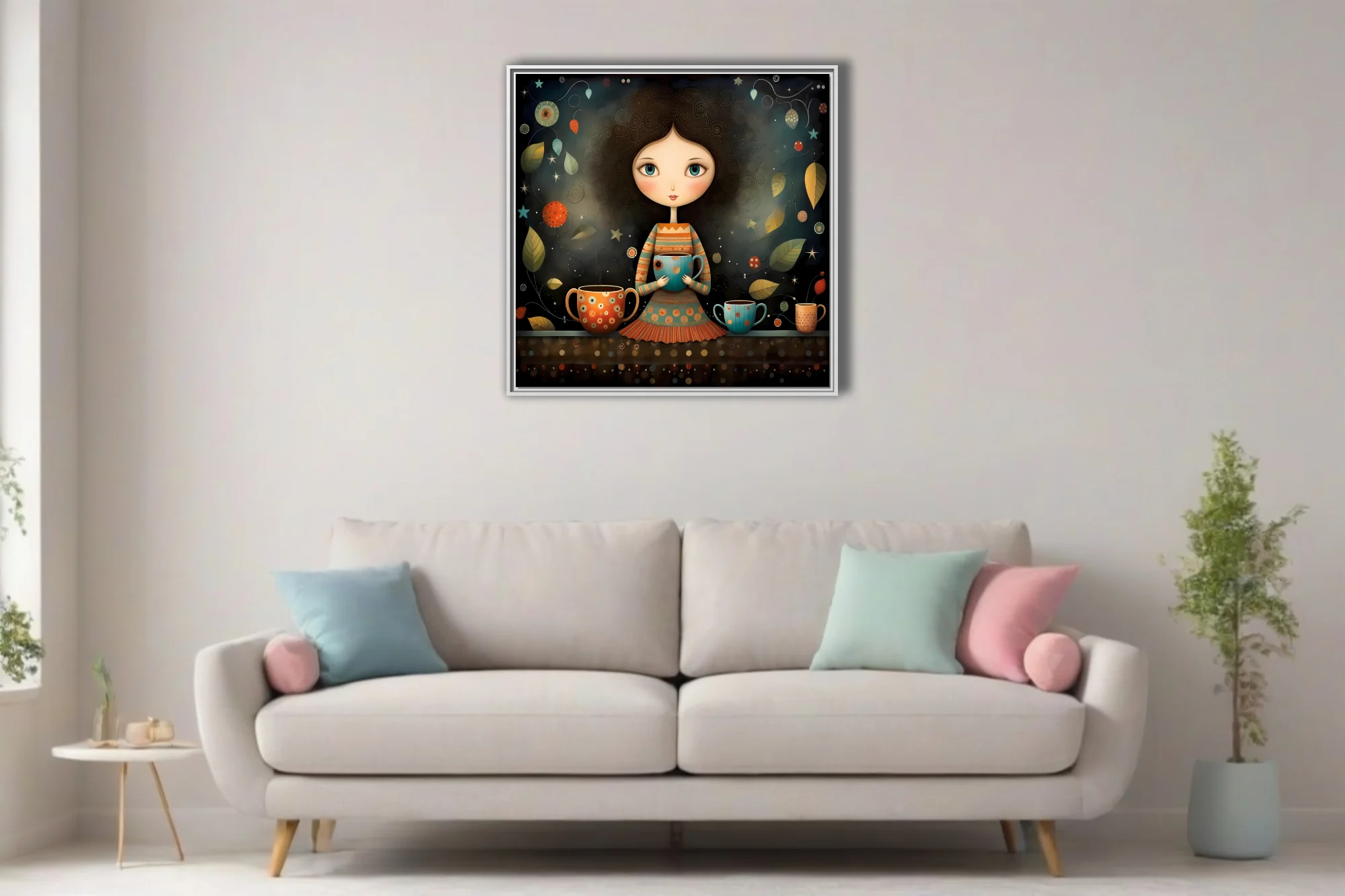 Whimsical boho girl holding coffee mug, teal and terracotta folk illustration