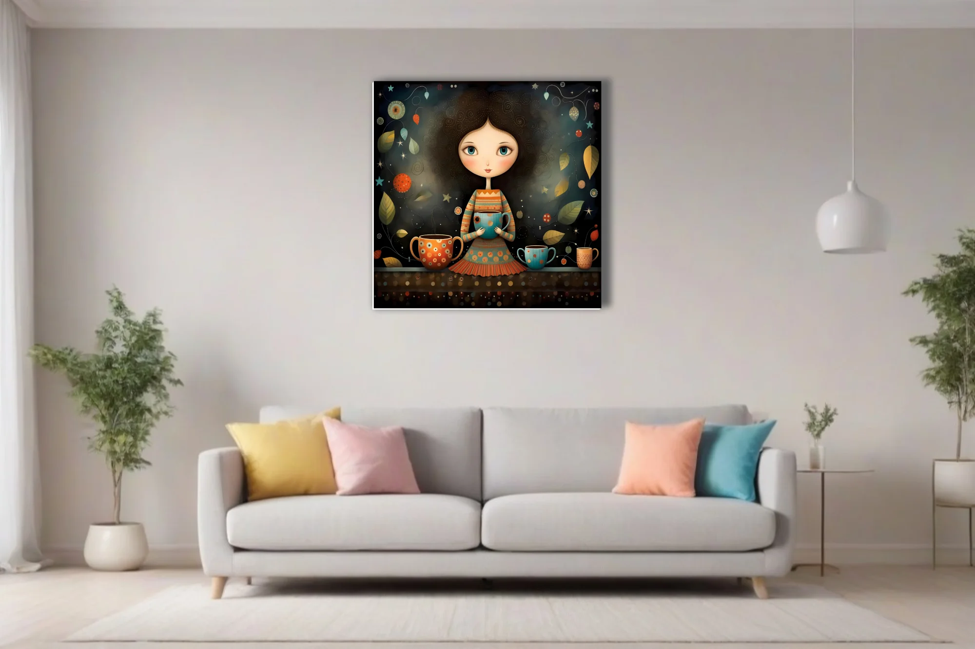 Whimsical boho girl holding coffee mug, teal and terracotta folk illustration