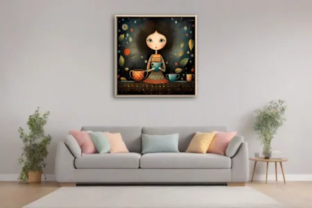 Whimsical boho girl holding coffee mug, teal and terracotta folk illustration