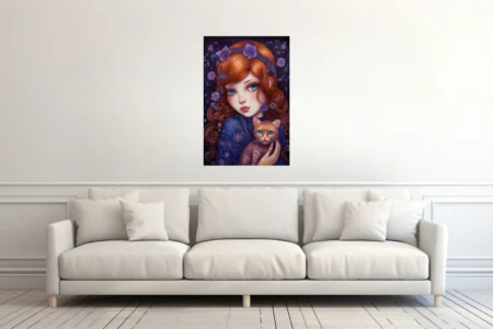 Whimsical big-eyes portrait of red-haired girl with ginger cat, indigo floral background